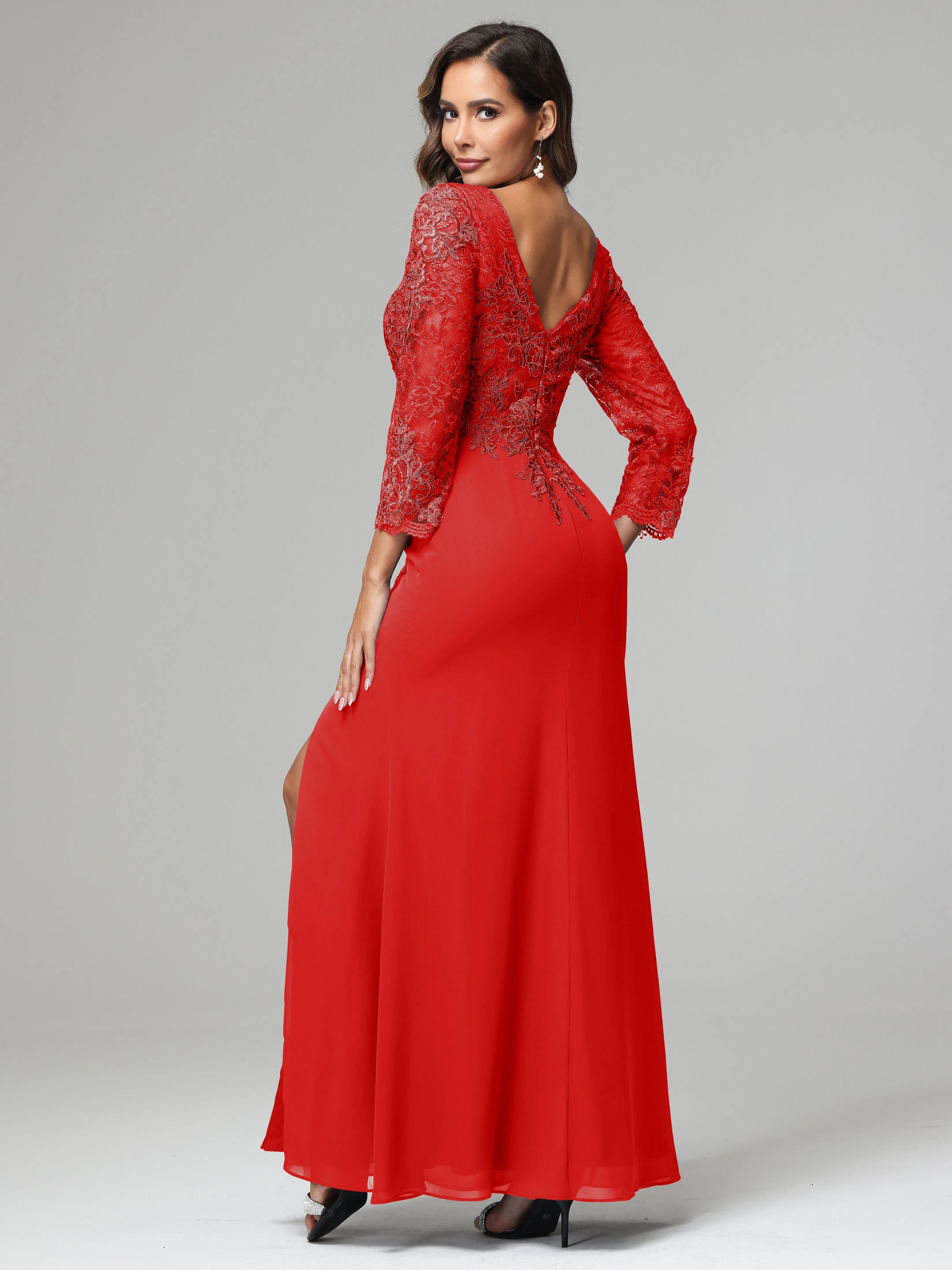 Long Sleeves Floor Length Chiffon Lace Mother Of The Bride Dress