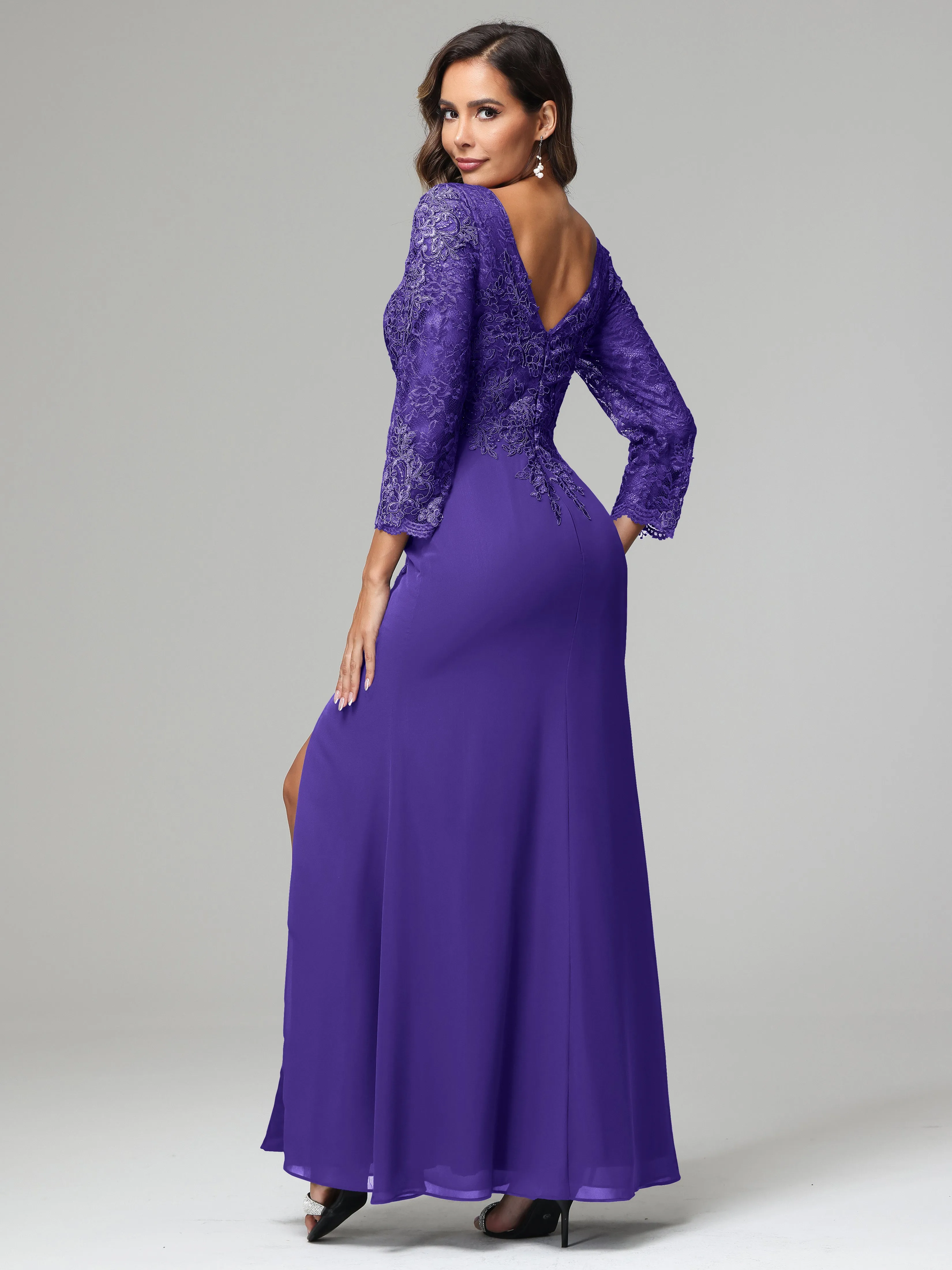 Long Sleeves Floor Length Chiffon Lace Mother Of The Bride Dress