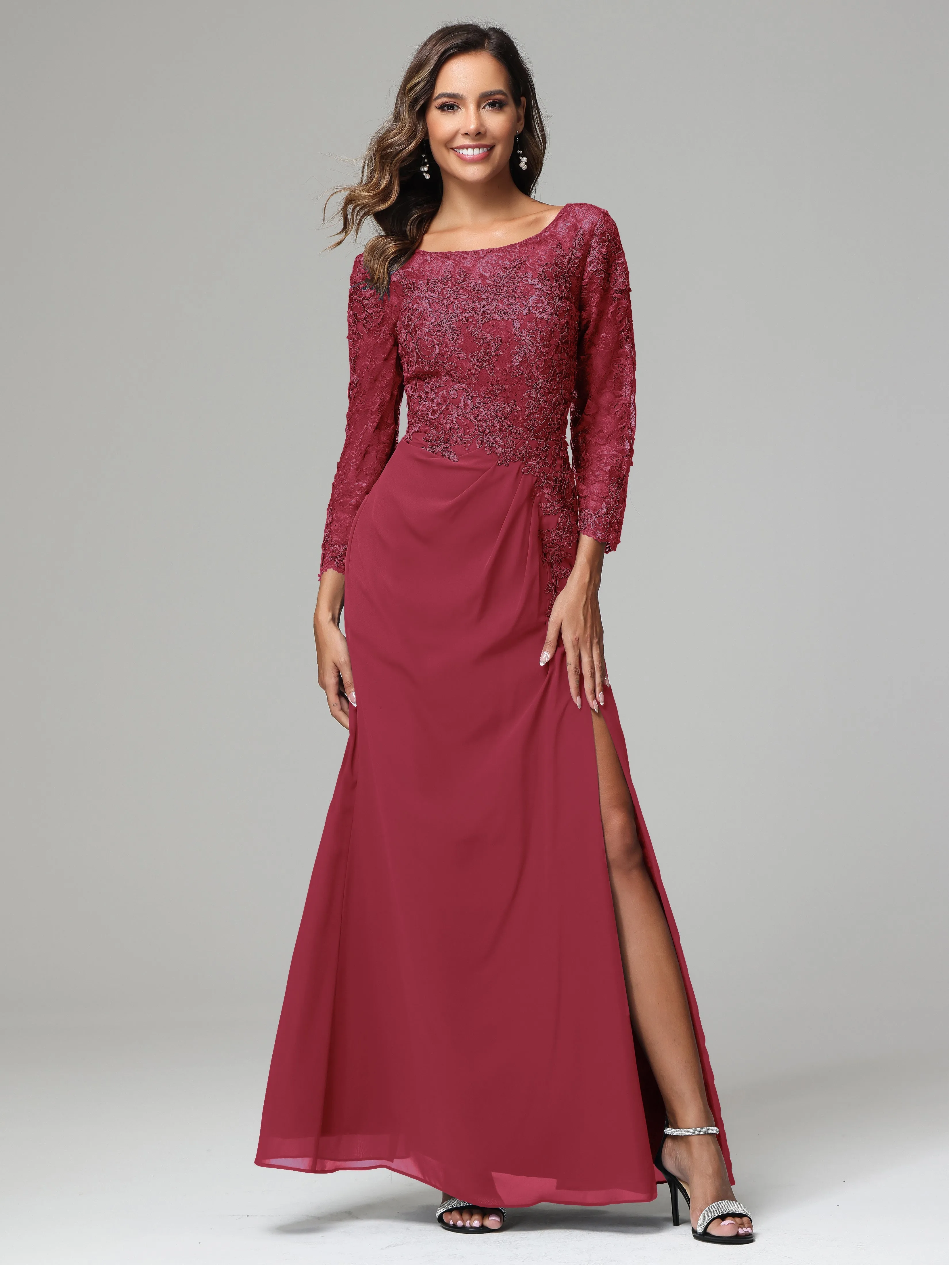 Long Sleeves Floor Length Chiffon Lace Mother Of The Bride Dress