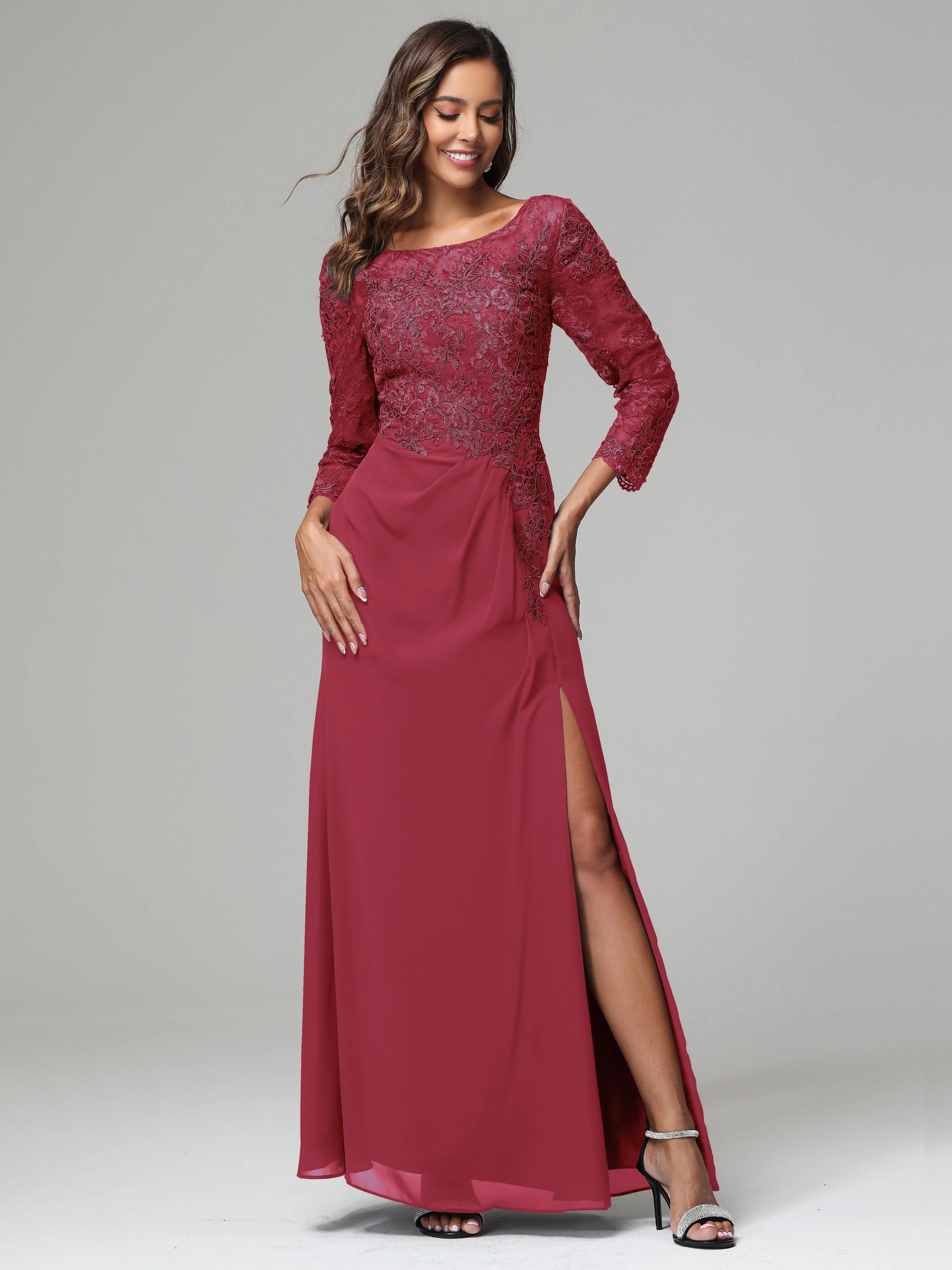 Long Sleeves Floor Length Chiffon Lace Mother Of The Bride Dress
