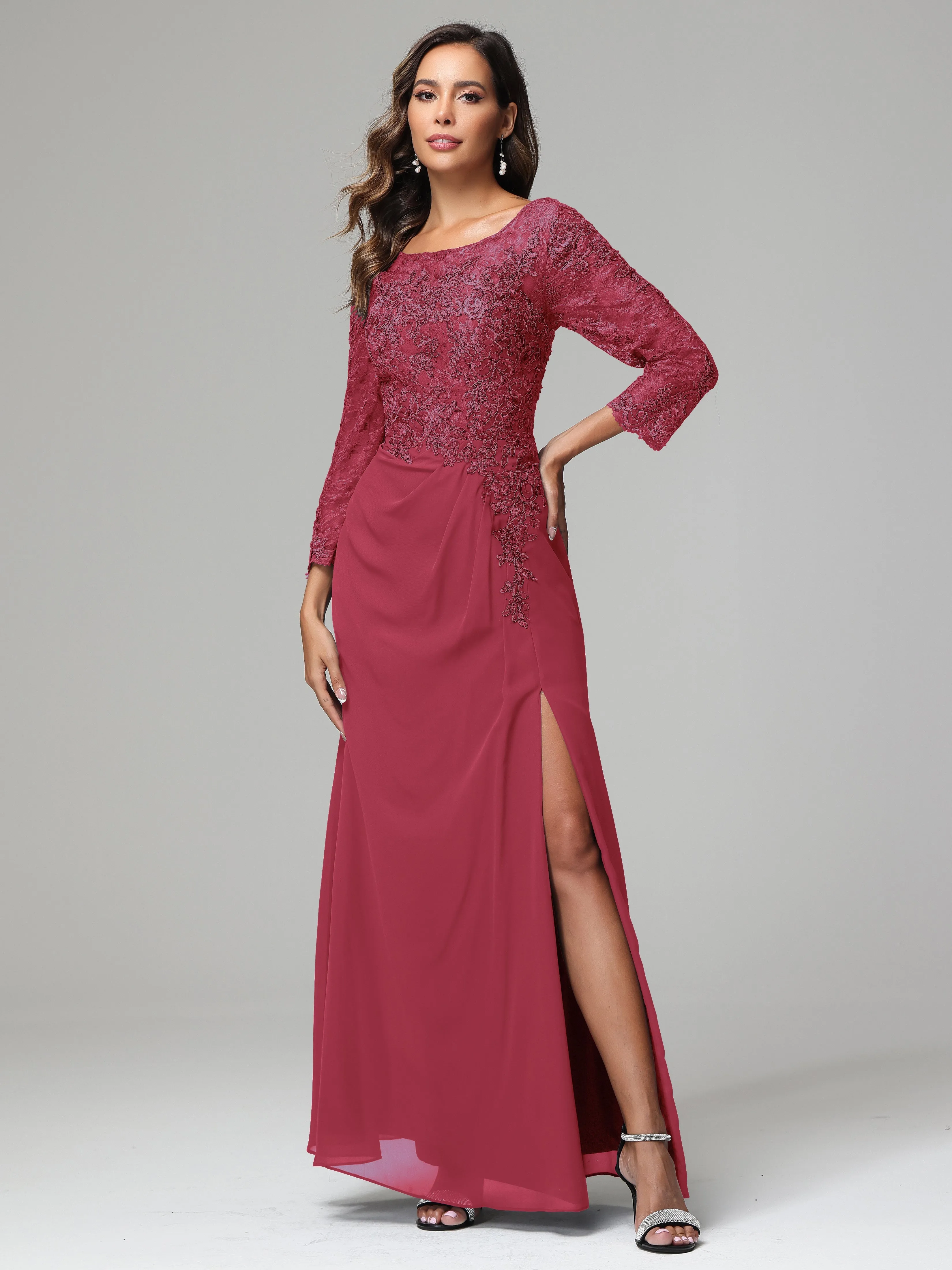 Long Sleeves Floor Length Chiffon Lace Mother Of The Bride Dress