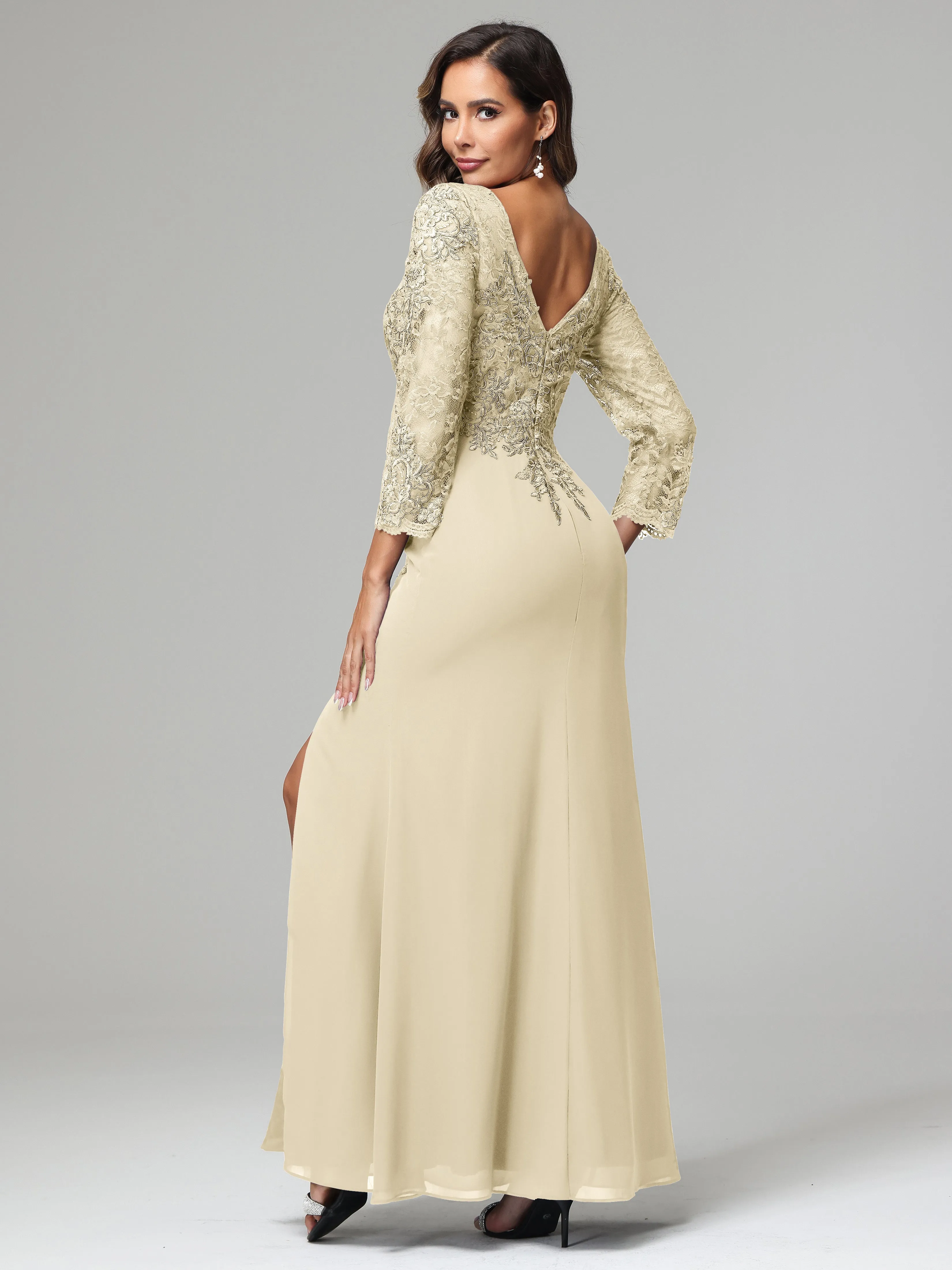 Long Sleeves Floor Length Chiffon Lace Mother Of The Bride Dress