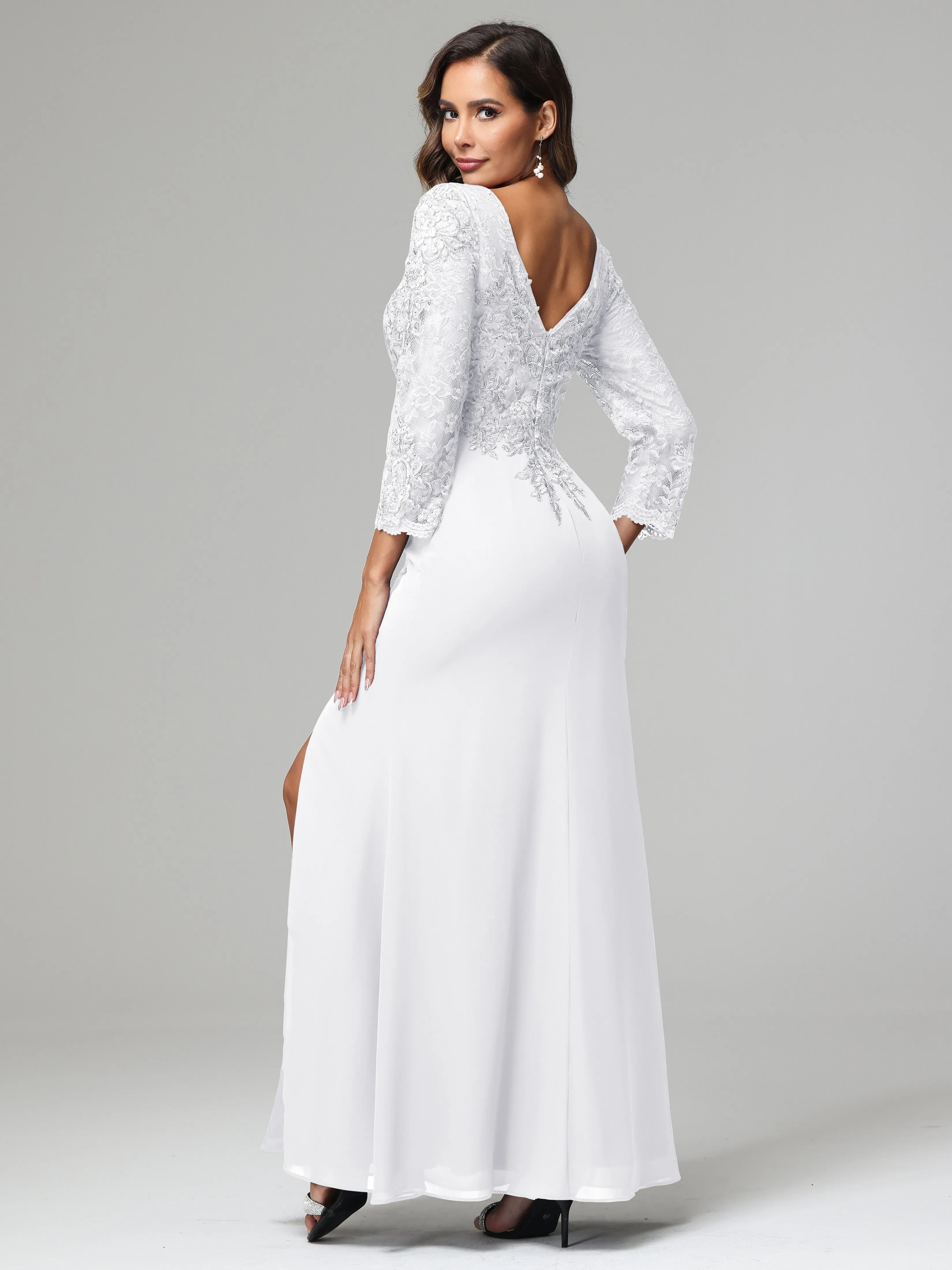 Long Sleeves Floor Length Chiffon Lace Mother Of The Bride Dress