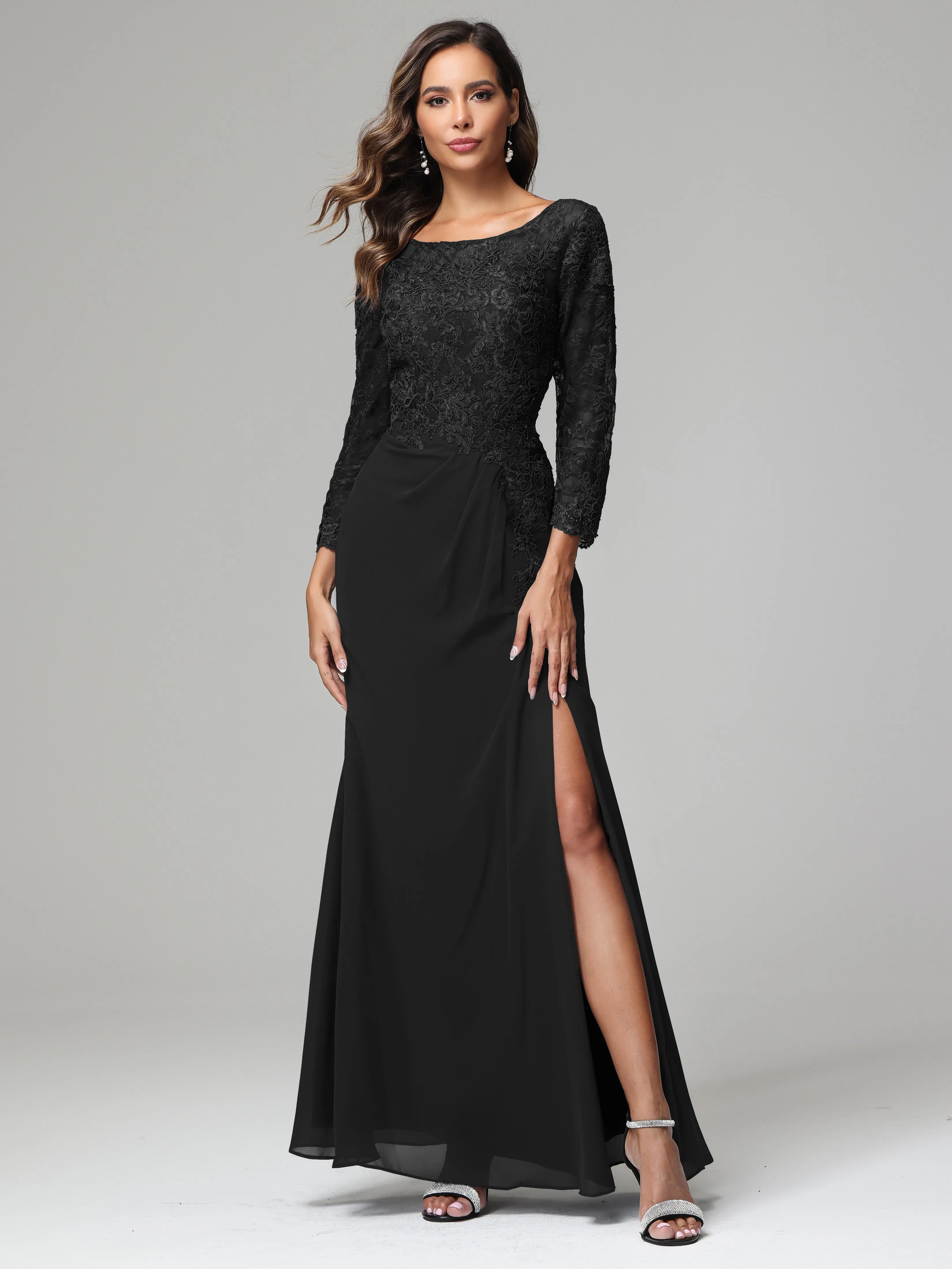 Long Sleeves Floor Length Chiffon Lace Mother Of The Bride Dress
