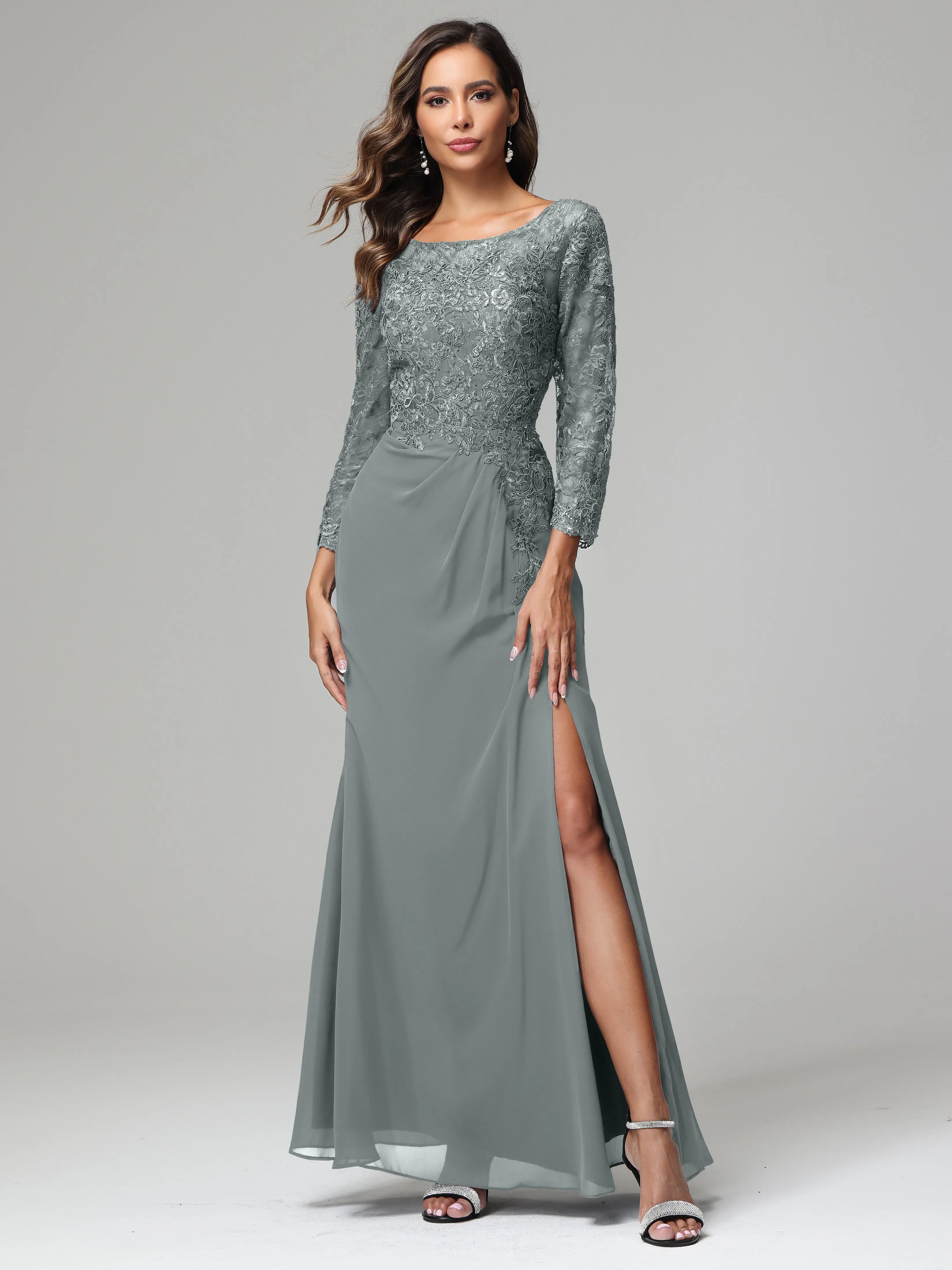 Long Sleeves Floor Length Chiffon Lace Mother Of The Bride Dress