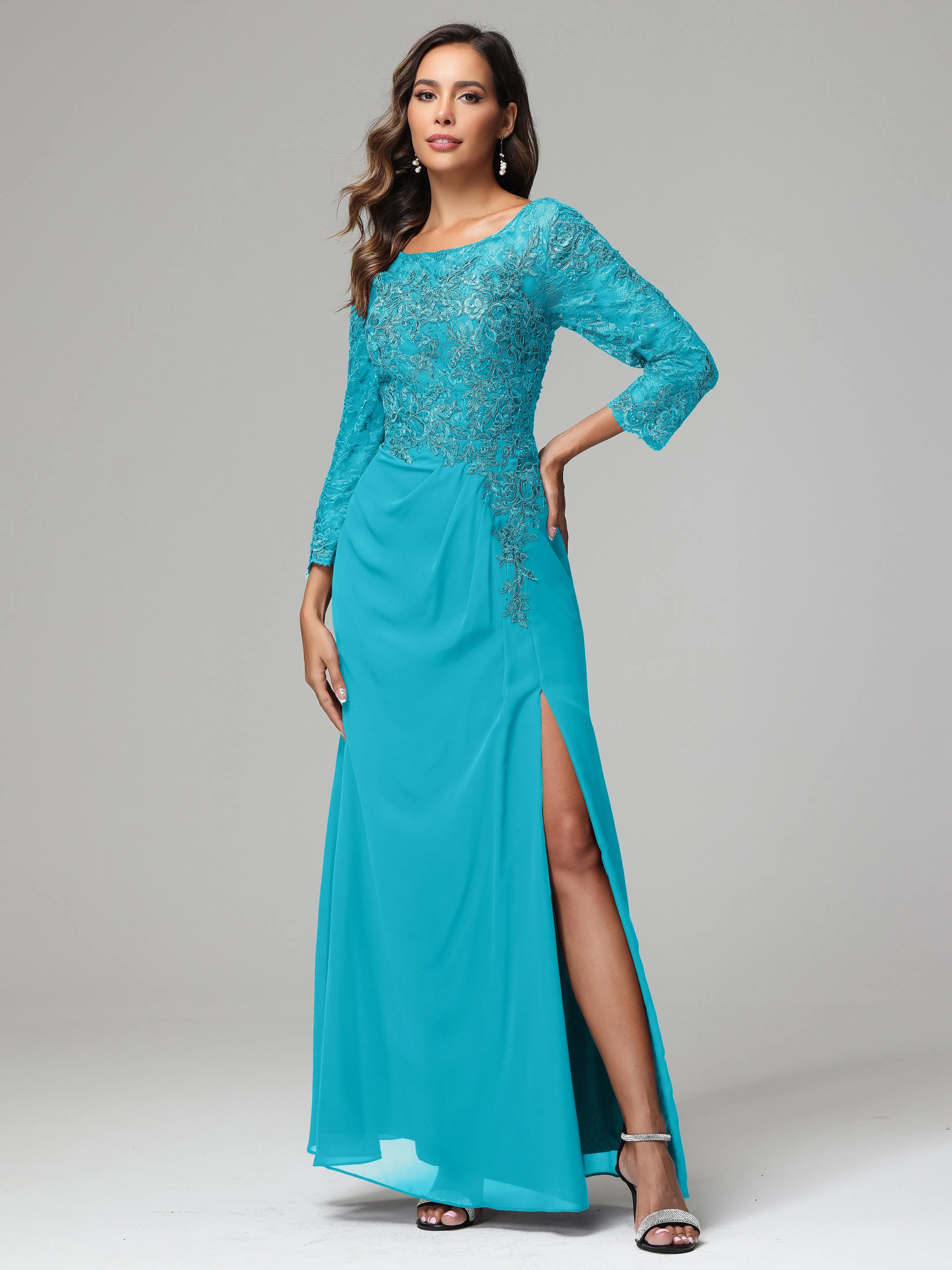 Long Sleeves Floor Length Chiffon Lace Mother Of The Bride Dress