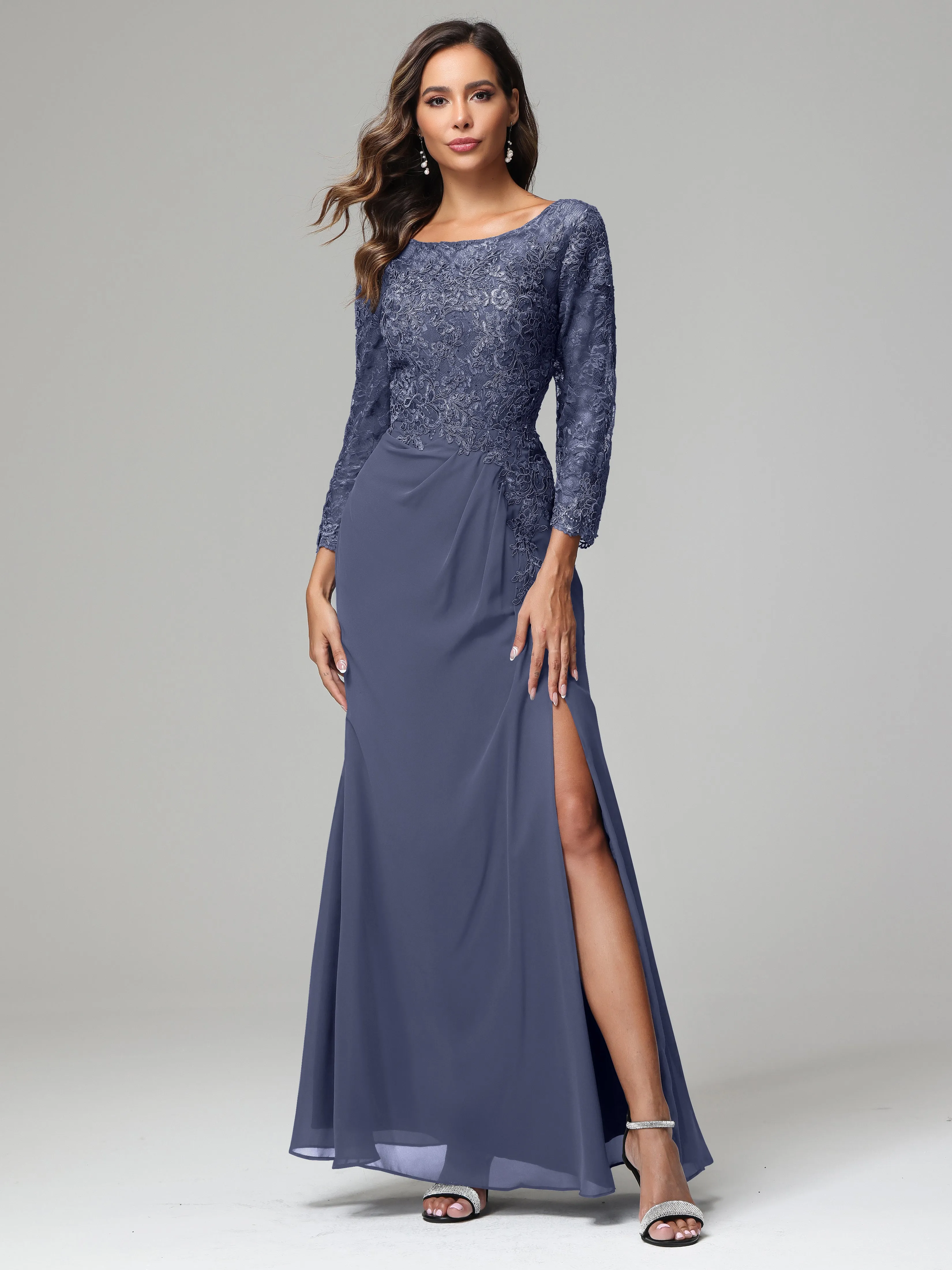 Long Sleeves Floor Length Chiffon Lace Mother Of The Bride Dress