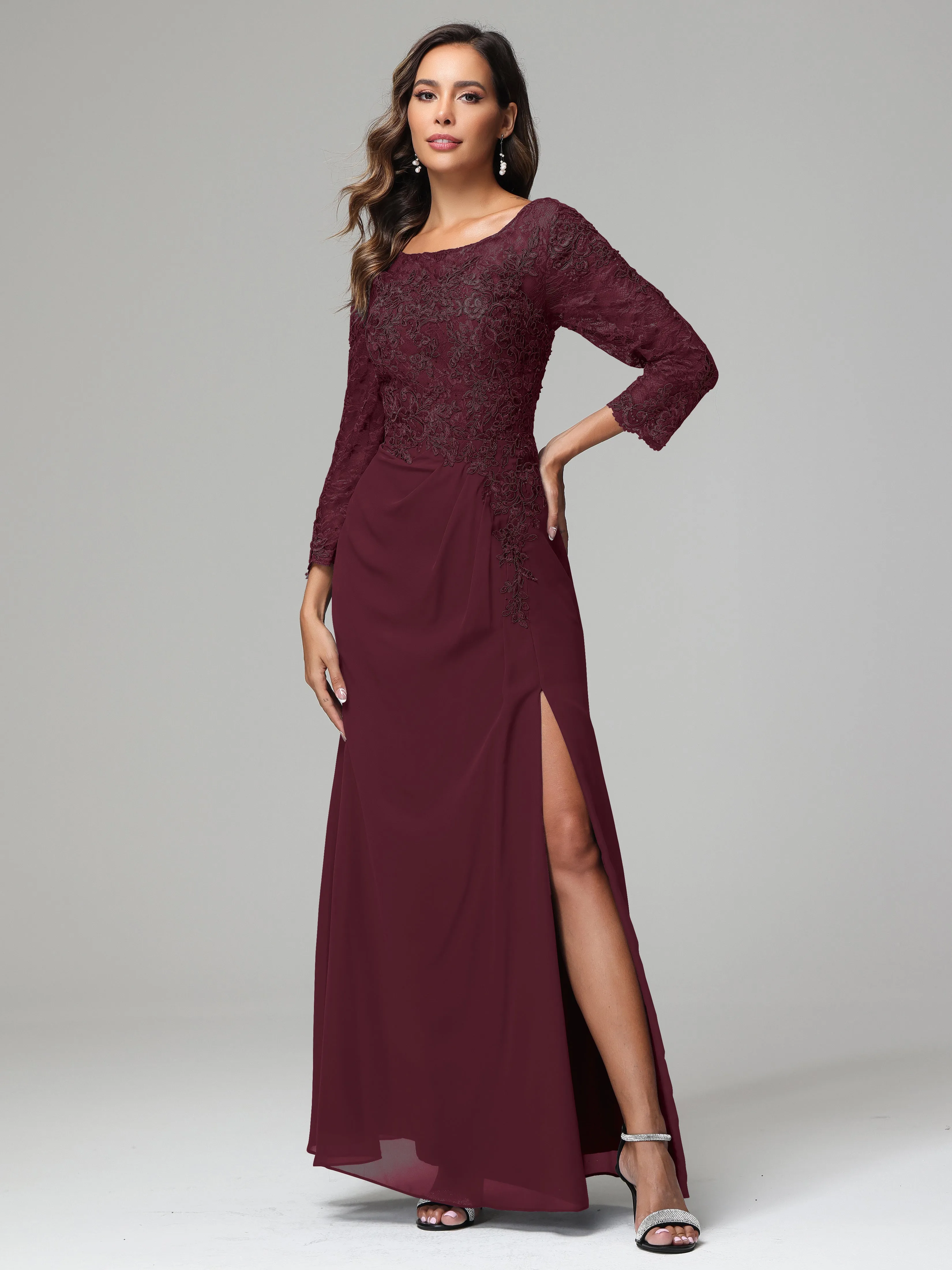 Long Sleeves Floor Length Chiffon Lace Mother Of The Bride Dress