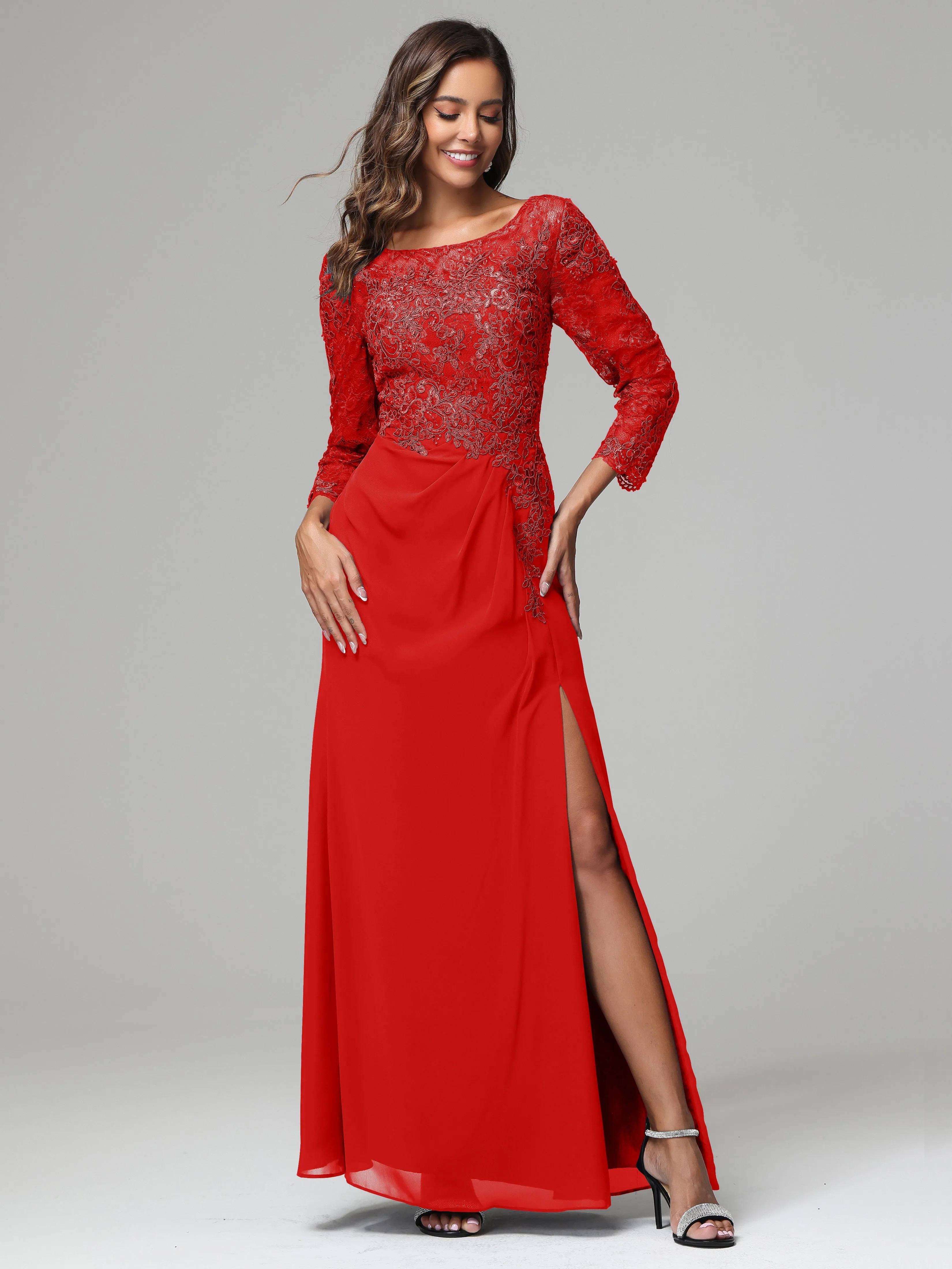 Long Sleeves Floor Length Chiffon Lace Mother Of The Bride Dress