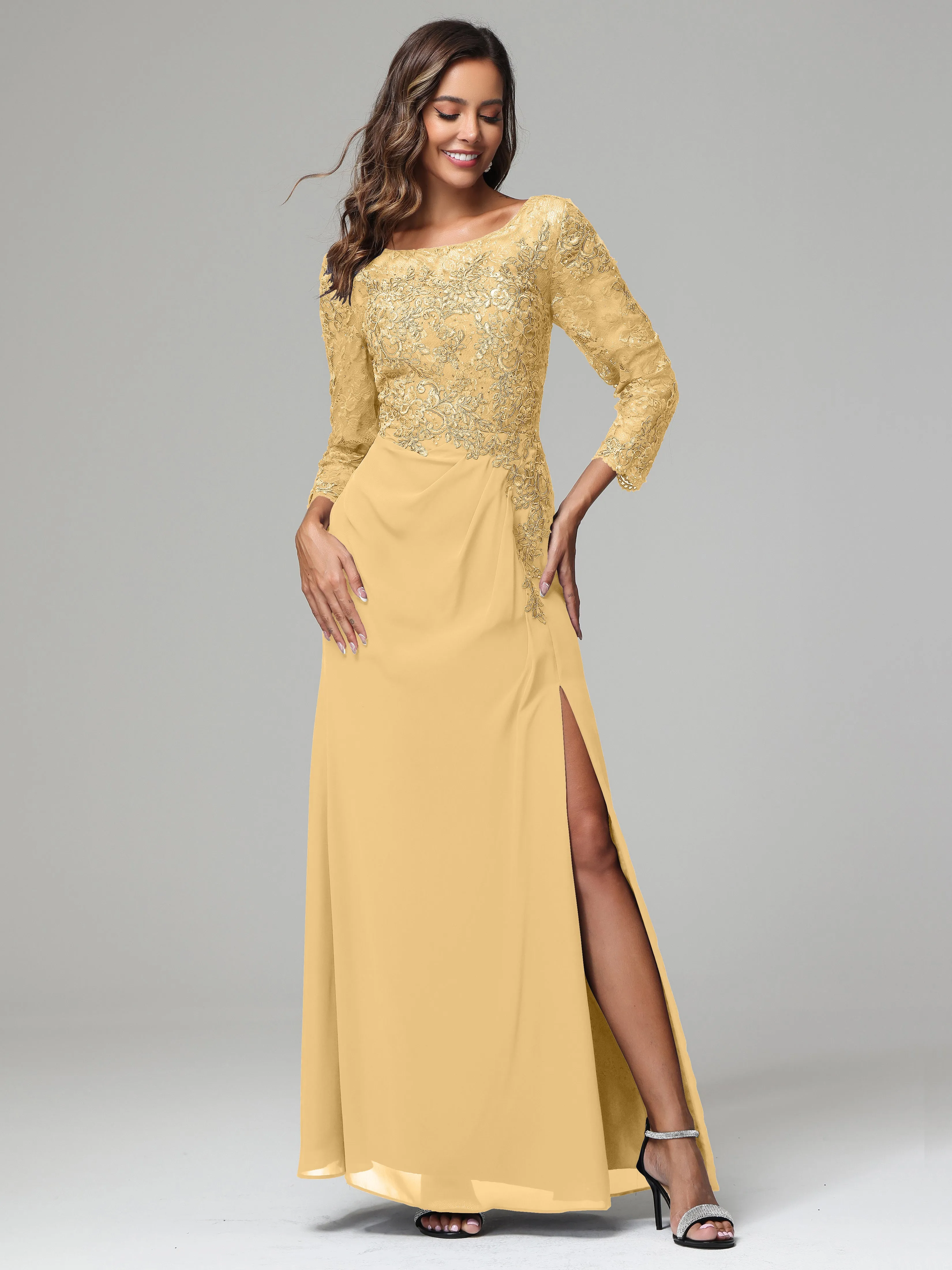 Long Sleeves Floor Length Chiffon Lace Mother Of The Bride Dress