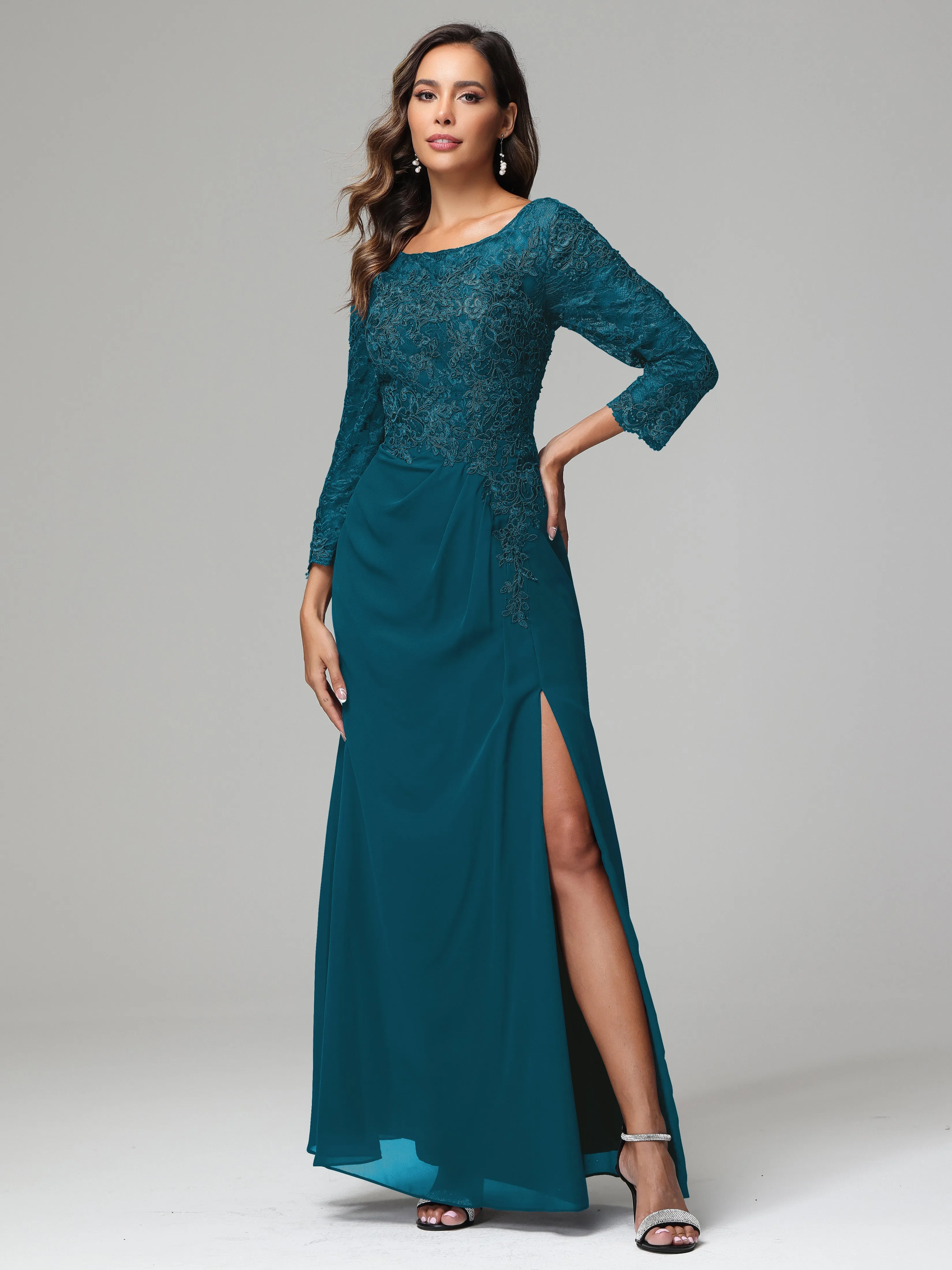 Long Sleeves Floor Length Chiffon Lace Mother Of The Bride Dress