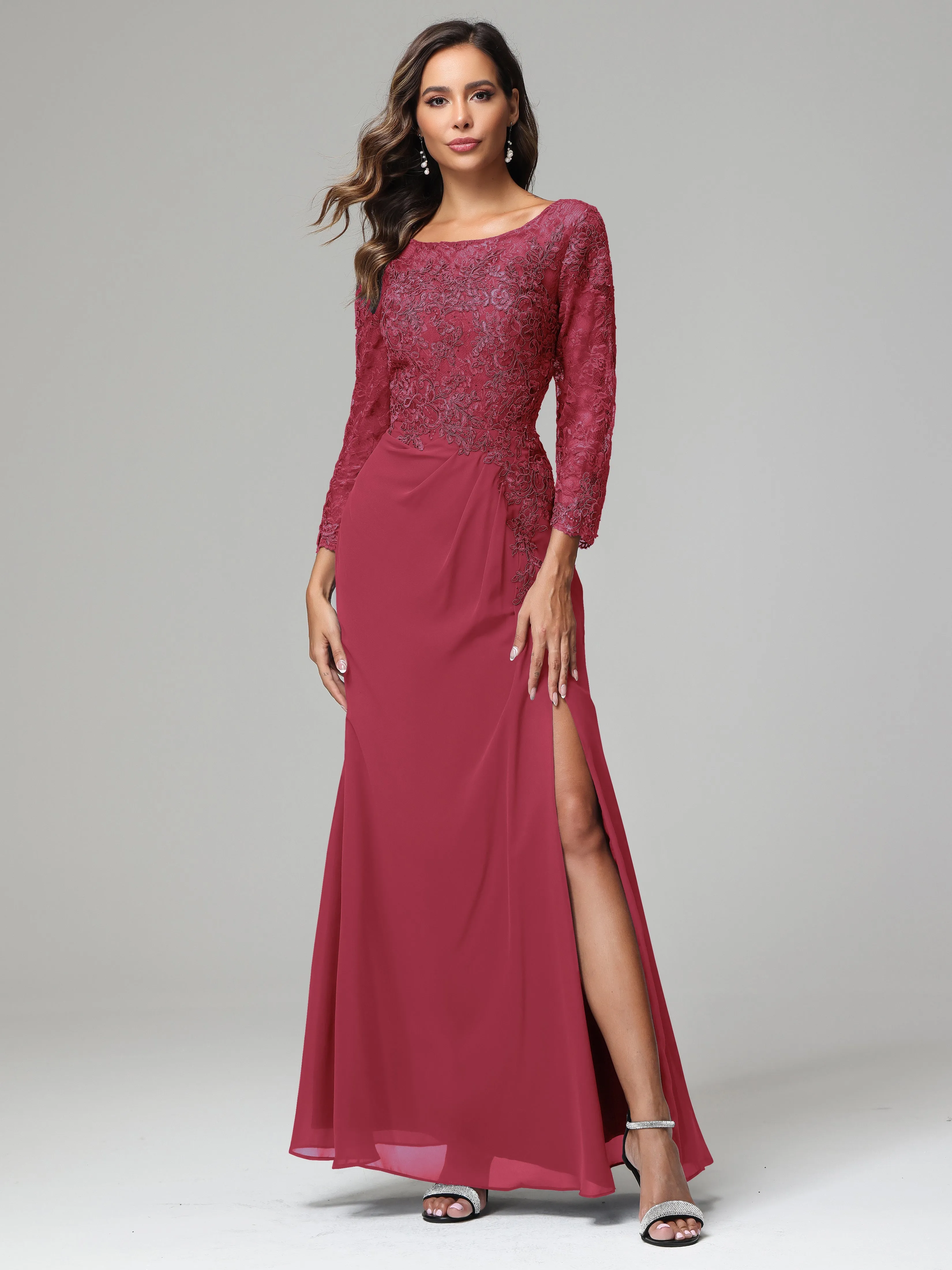 Long Sleeves Floor Length Chiffon Lace Mother Of The Bride Dress