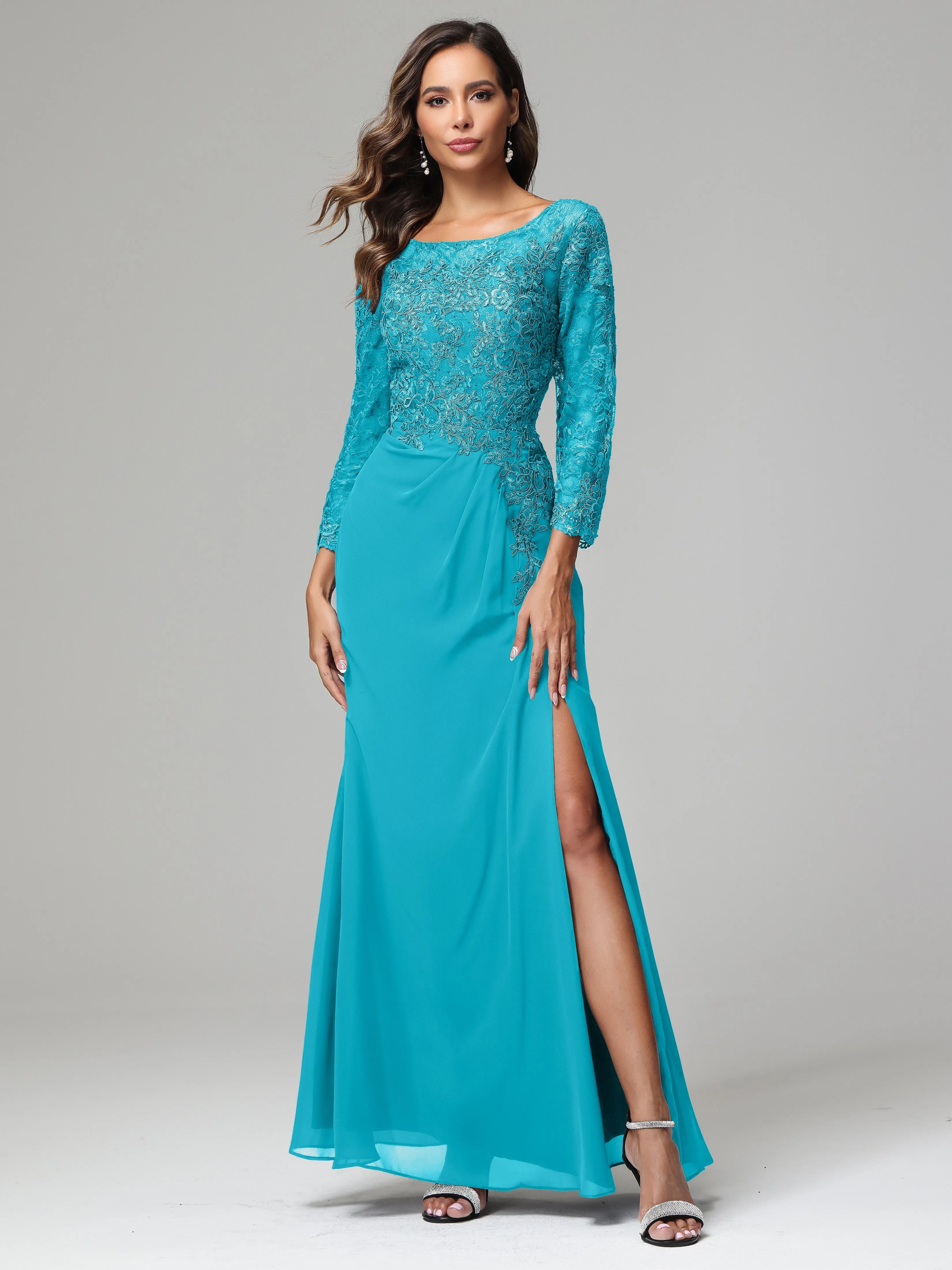 Long Sleeves Floor Length Chiffon Lace Mother Of The Bride Dress