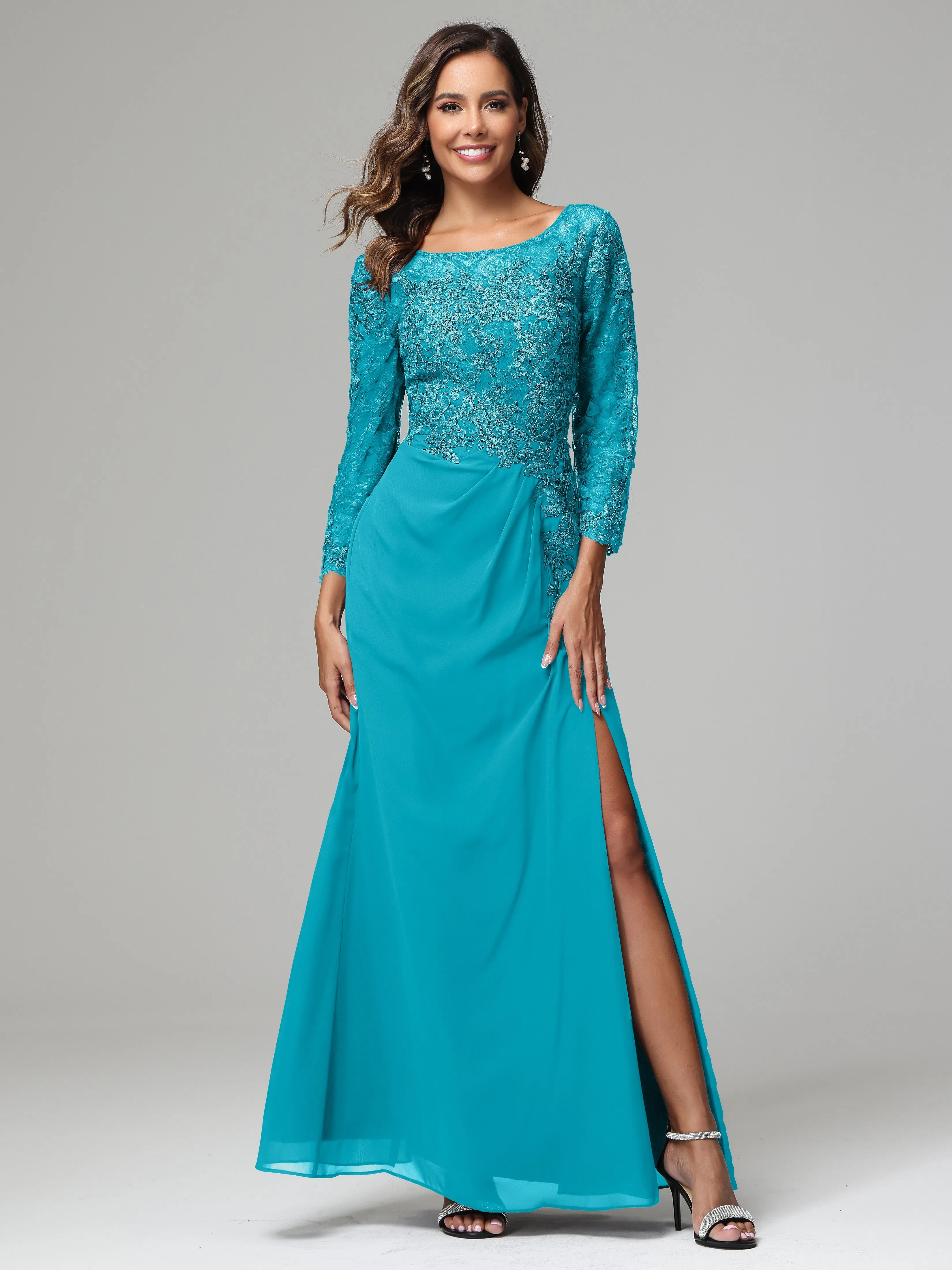 Long Sleeves Floor Length Chiffon Lace Mother Of The Bride Dress