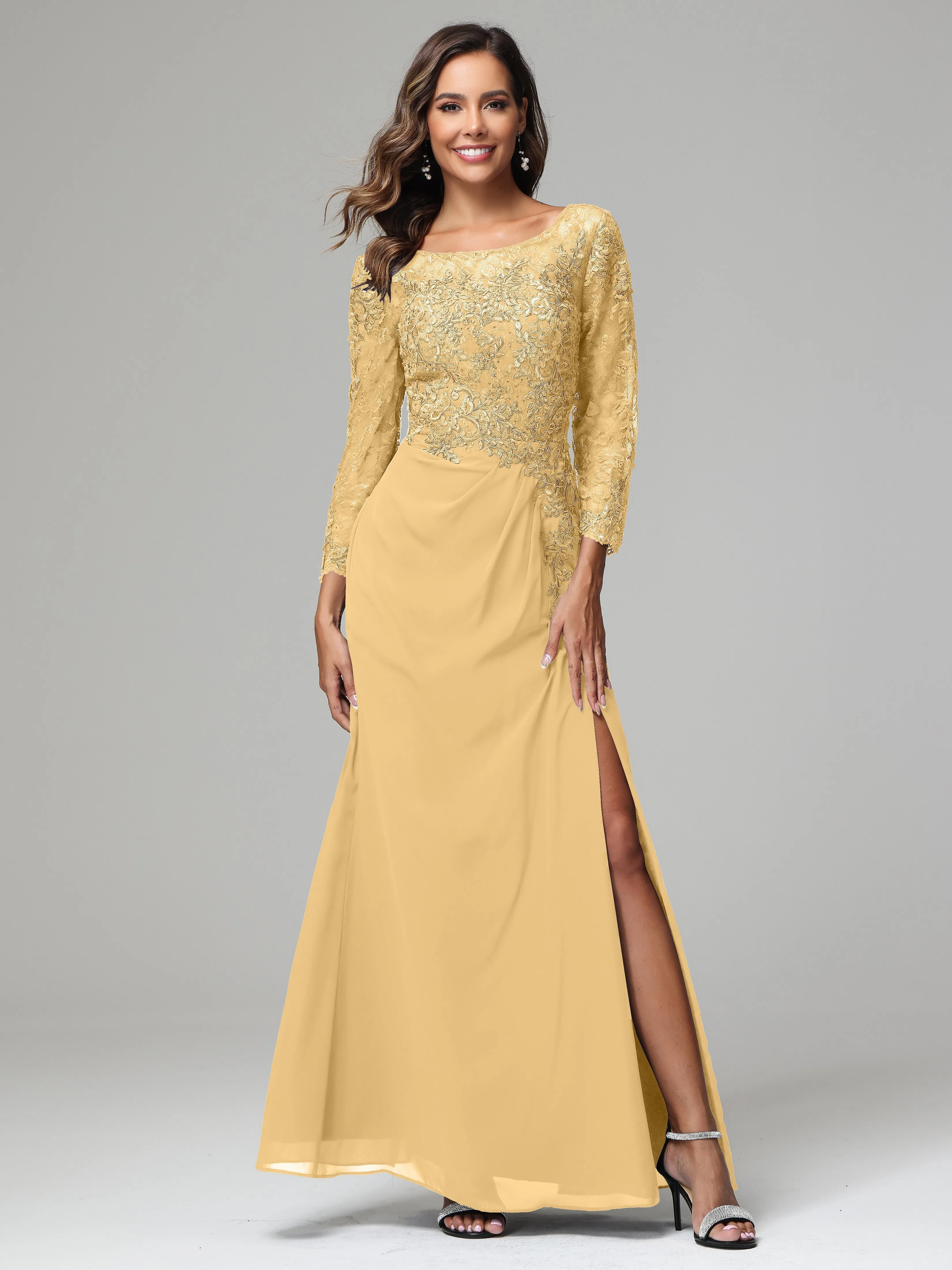 Long Sleeves Floor Length Chiffon Lace Mother Of The Bride Dress