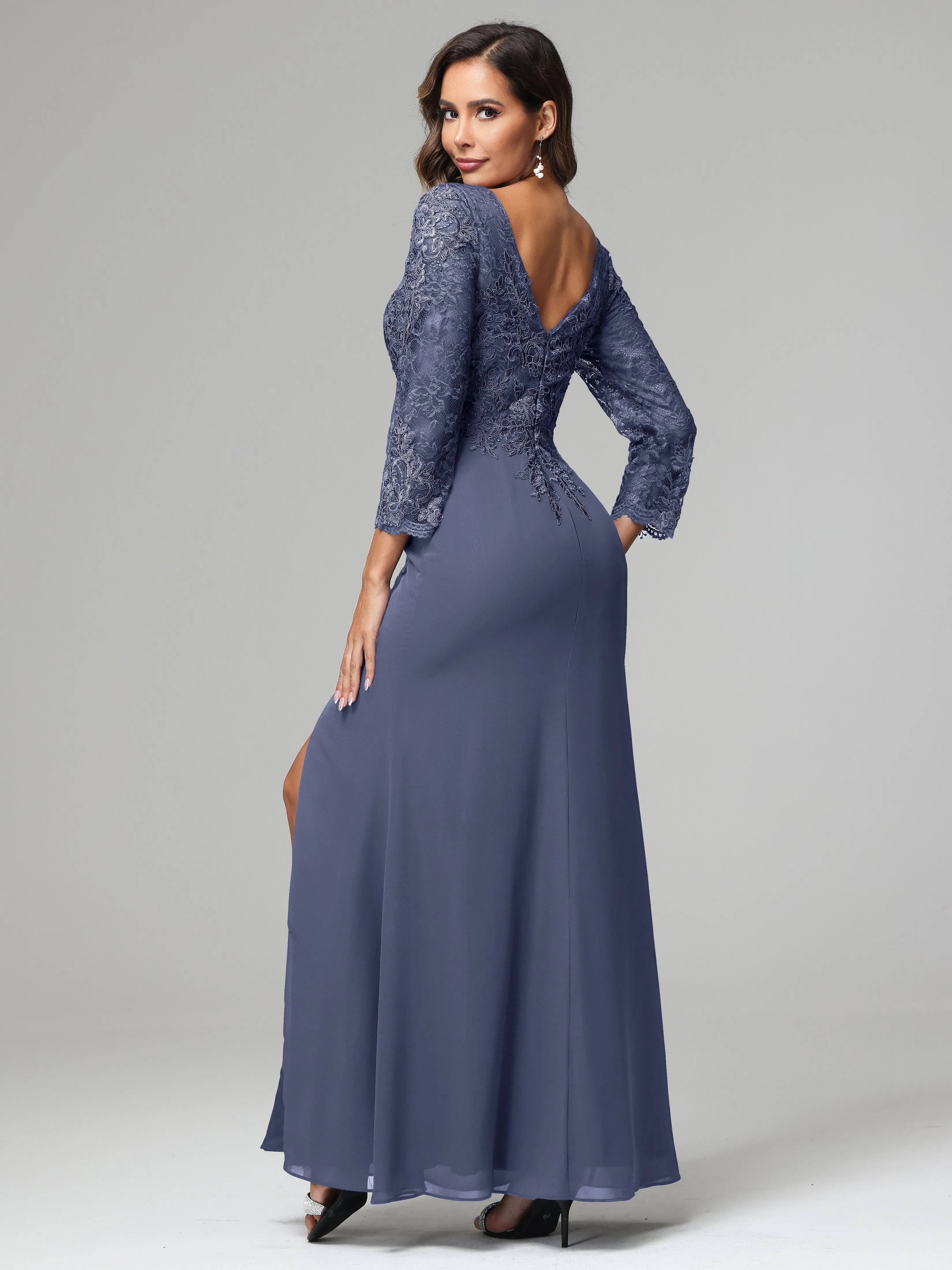 Long Sleeves Floor Length Chiffon Lace Mother Of The Bride Dress