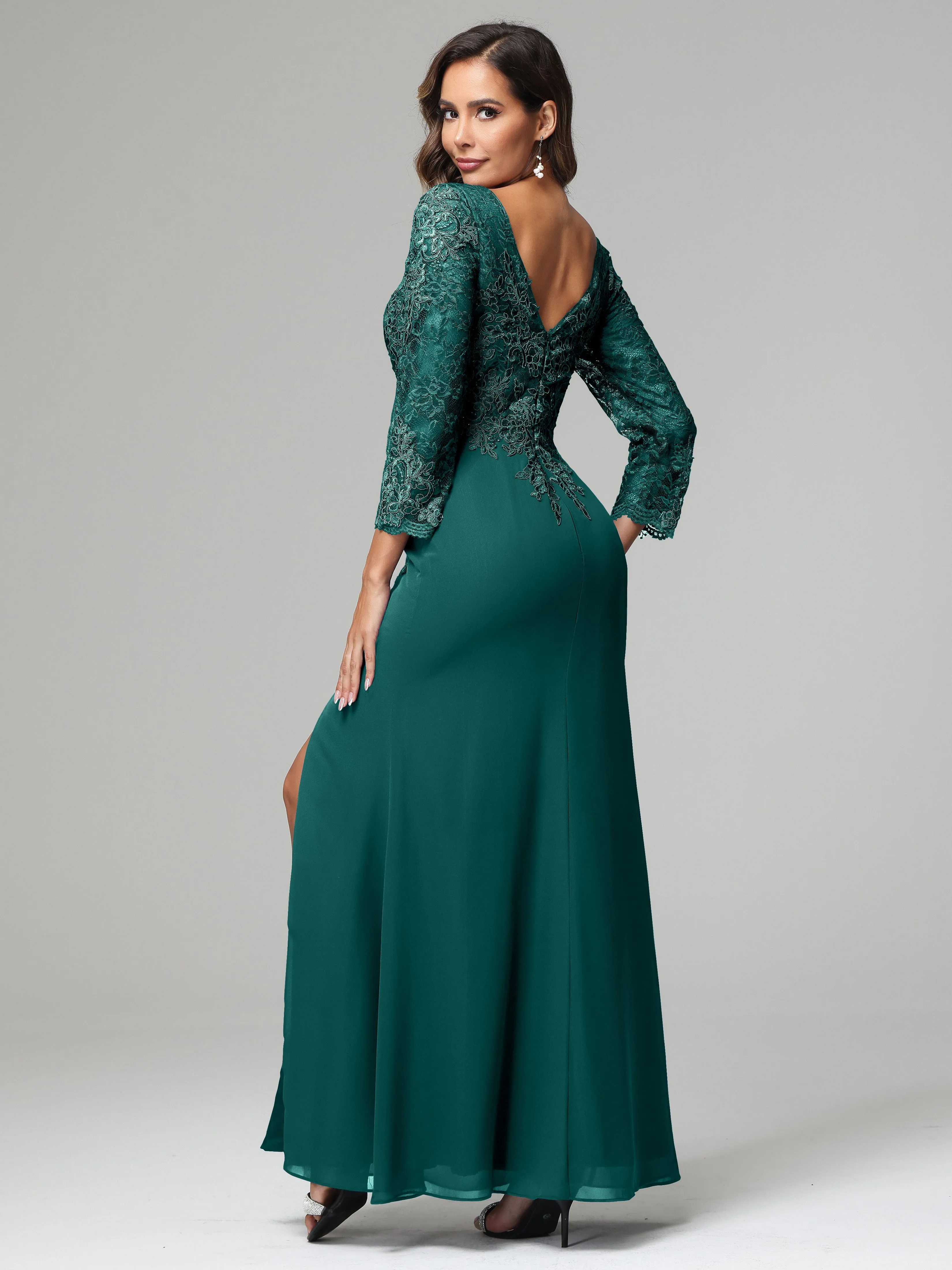 Long Sleeves Floor Length Chiffon Lace Mother Of The Bride Dress