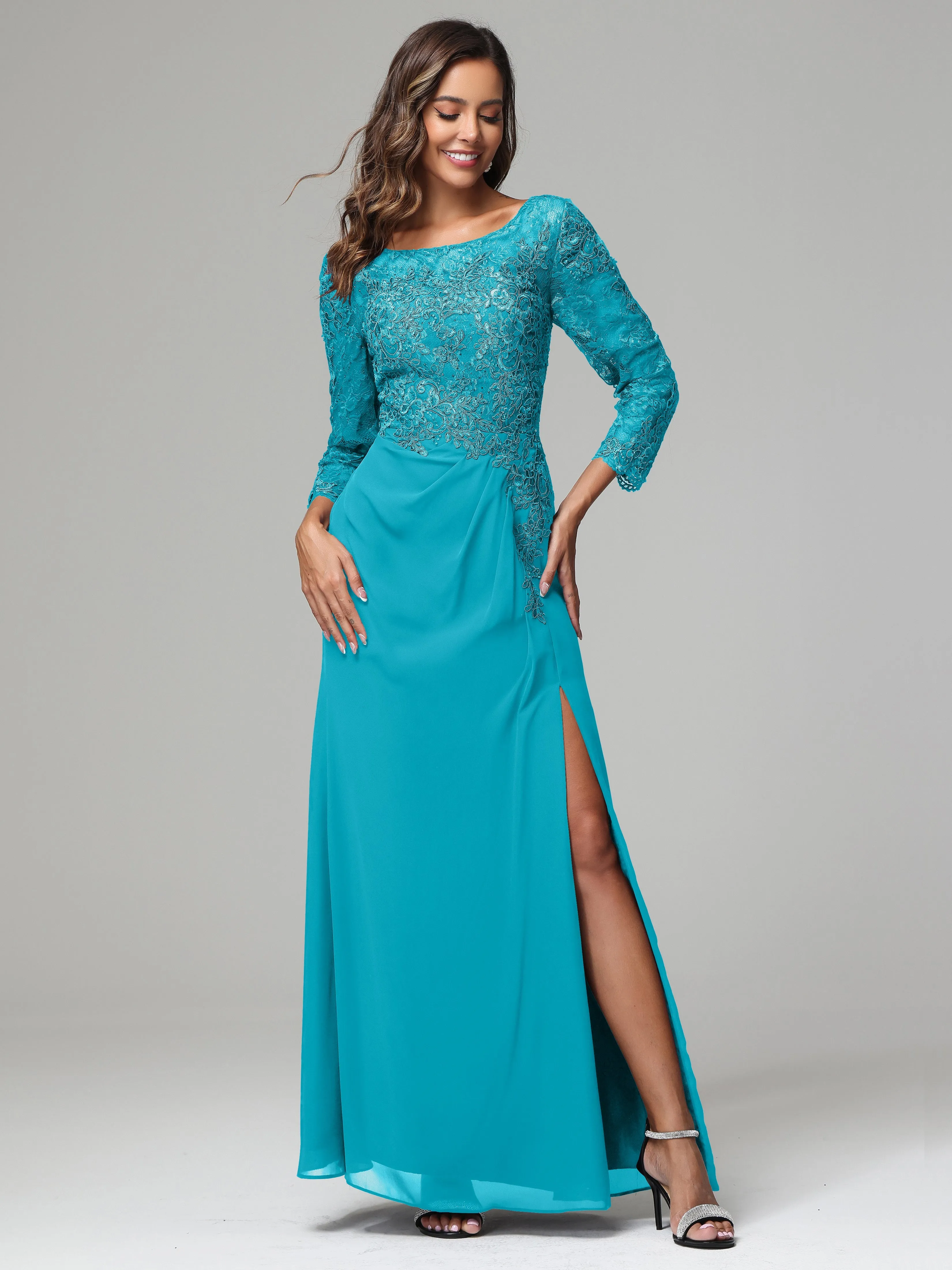 Long Sleeves Floor Length Chiffon Lace Mother Of The Bride Dress