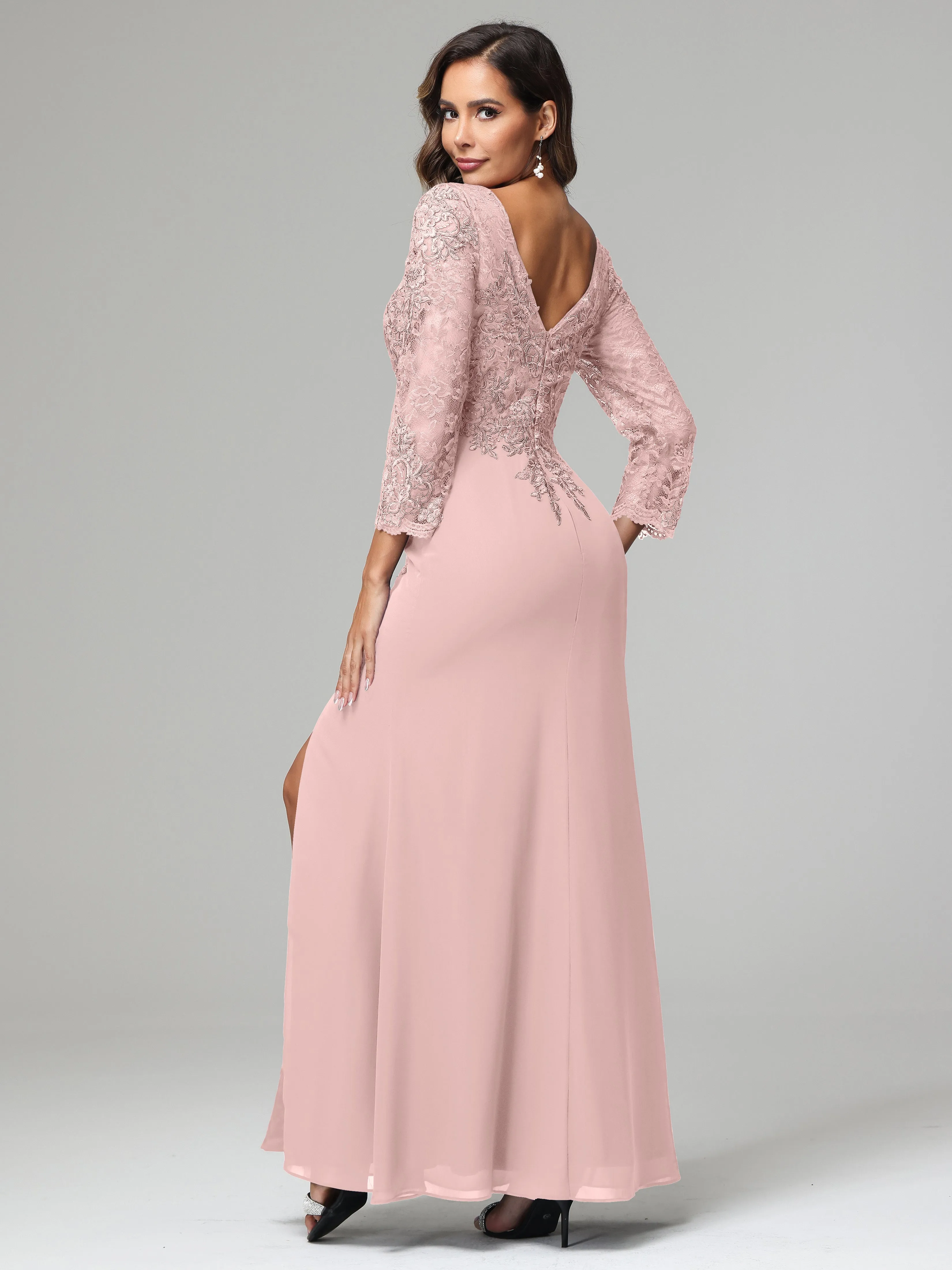 Long Sleeves Floor Length Chiffon Lace Mother Of The Bride Dress