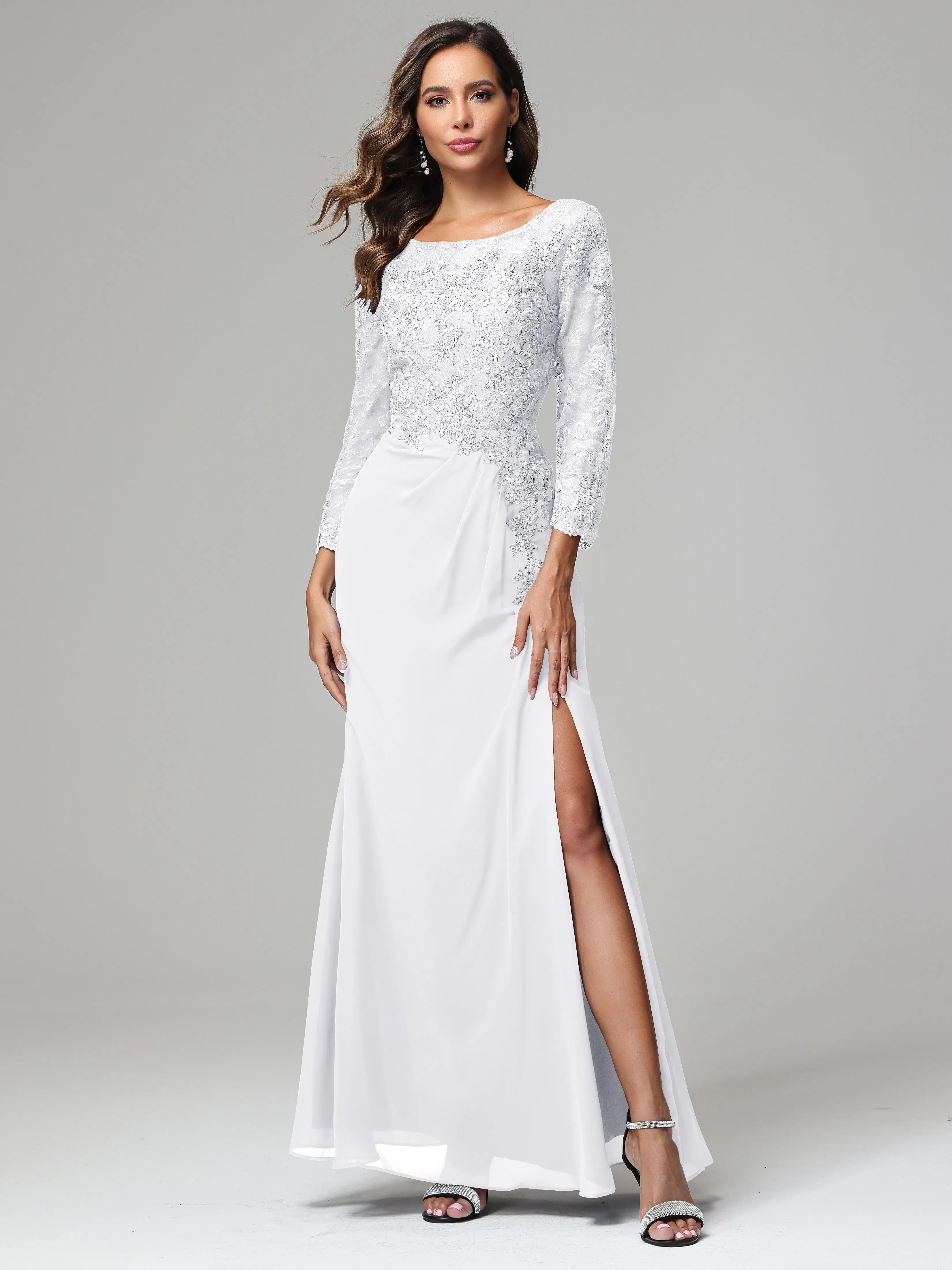 Long Sleeves Floor Length Chiffon Lace Mother Of The Bride Dress