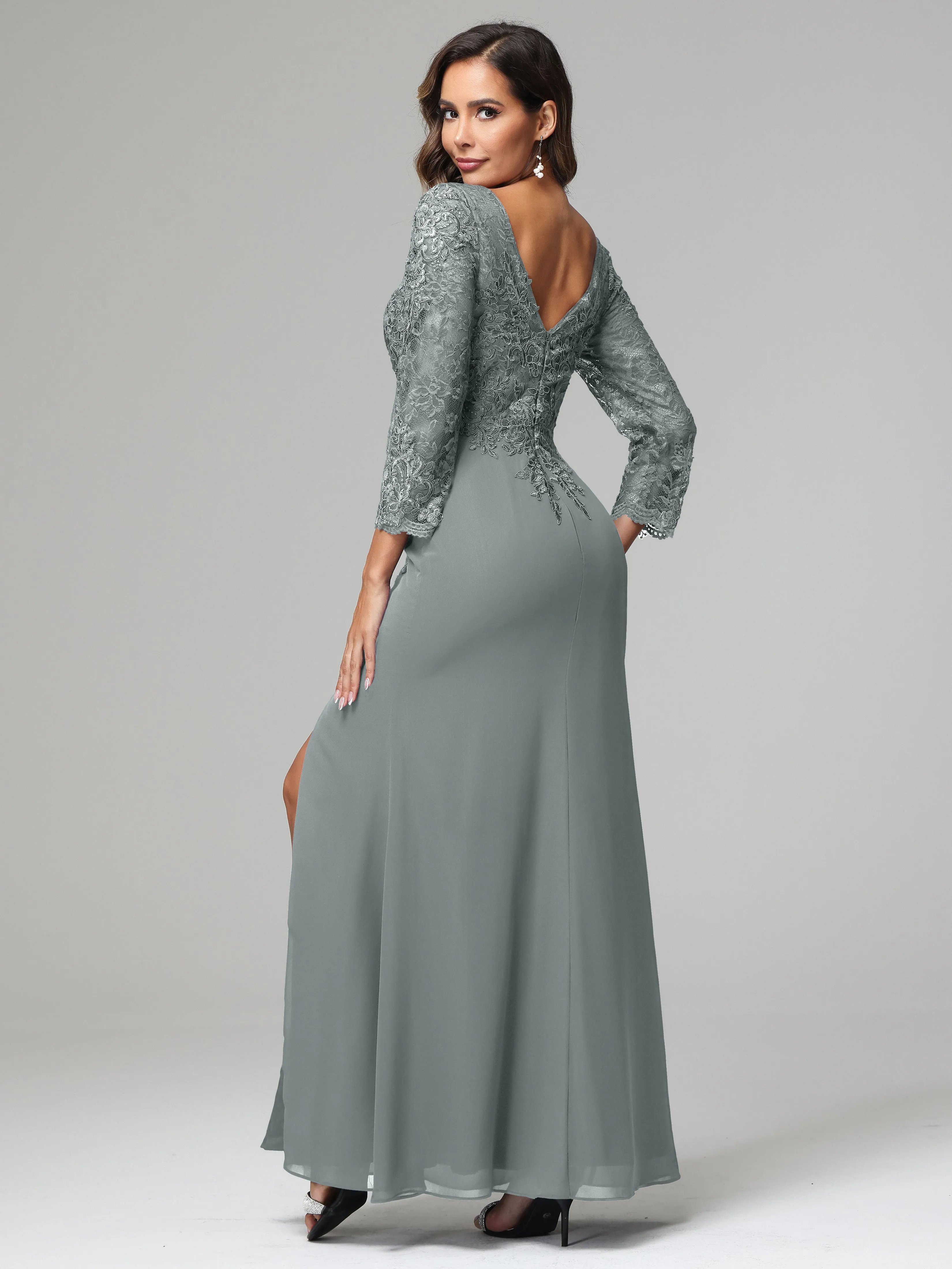 Long Sleeves Floor Length Chiffon Lace Mother Of The Bride Dress