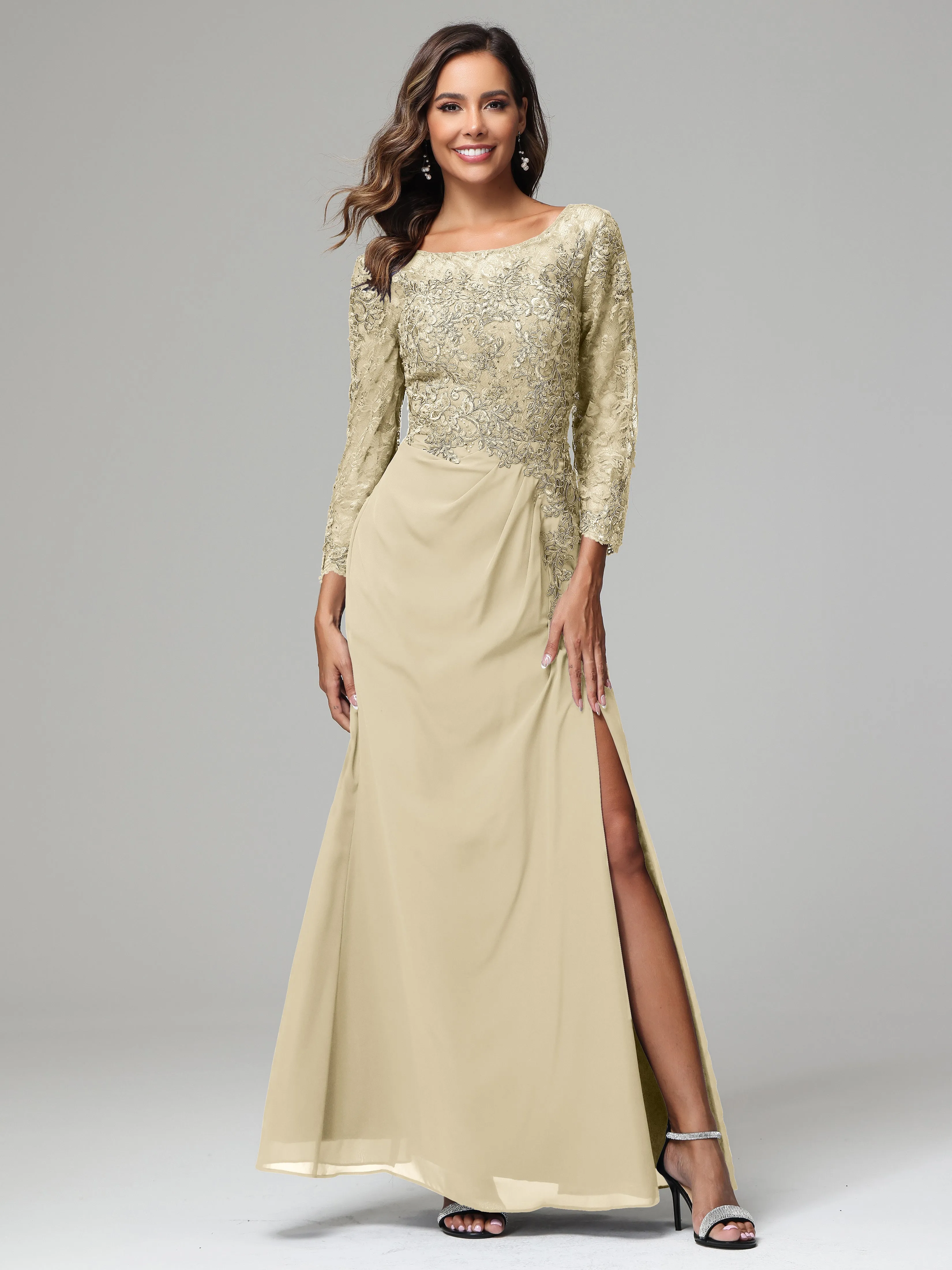 Long Sleeves Floor Length Chiffon Lace Mother Of The Bride Dress