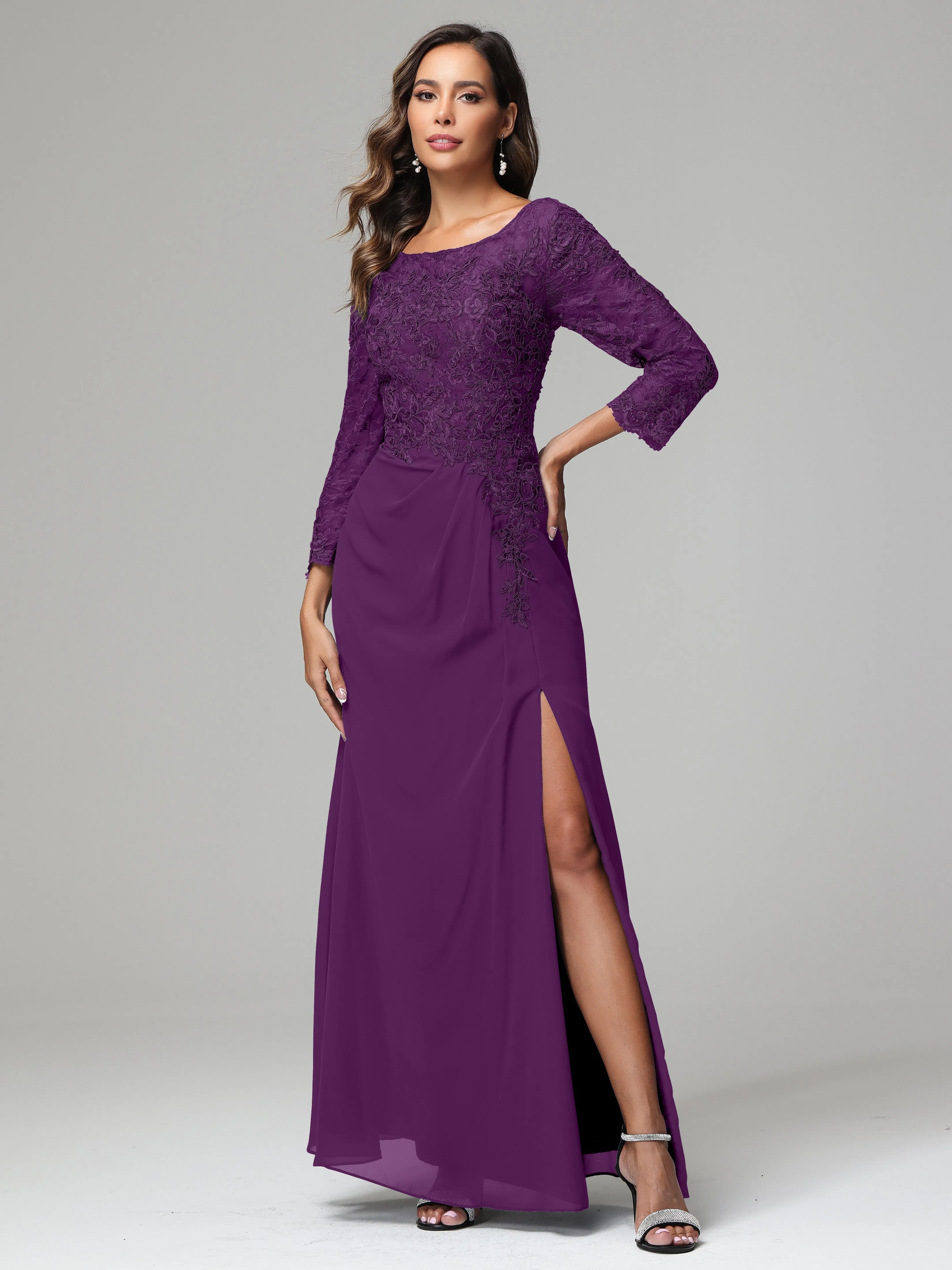 Long Sleeves Floor Length Chiffon Lace Mother Of The Bride Dress