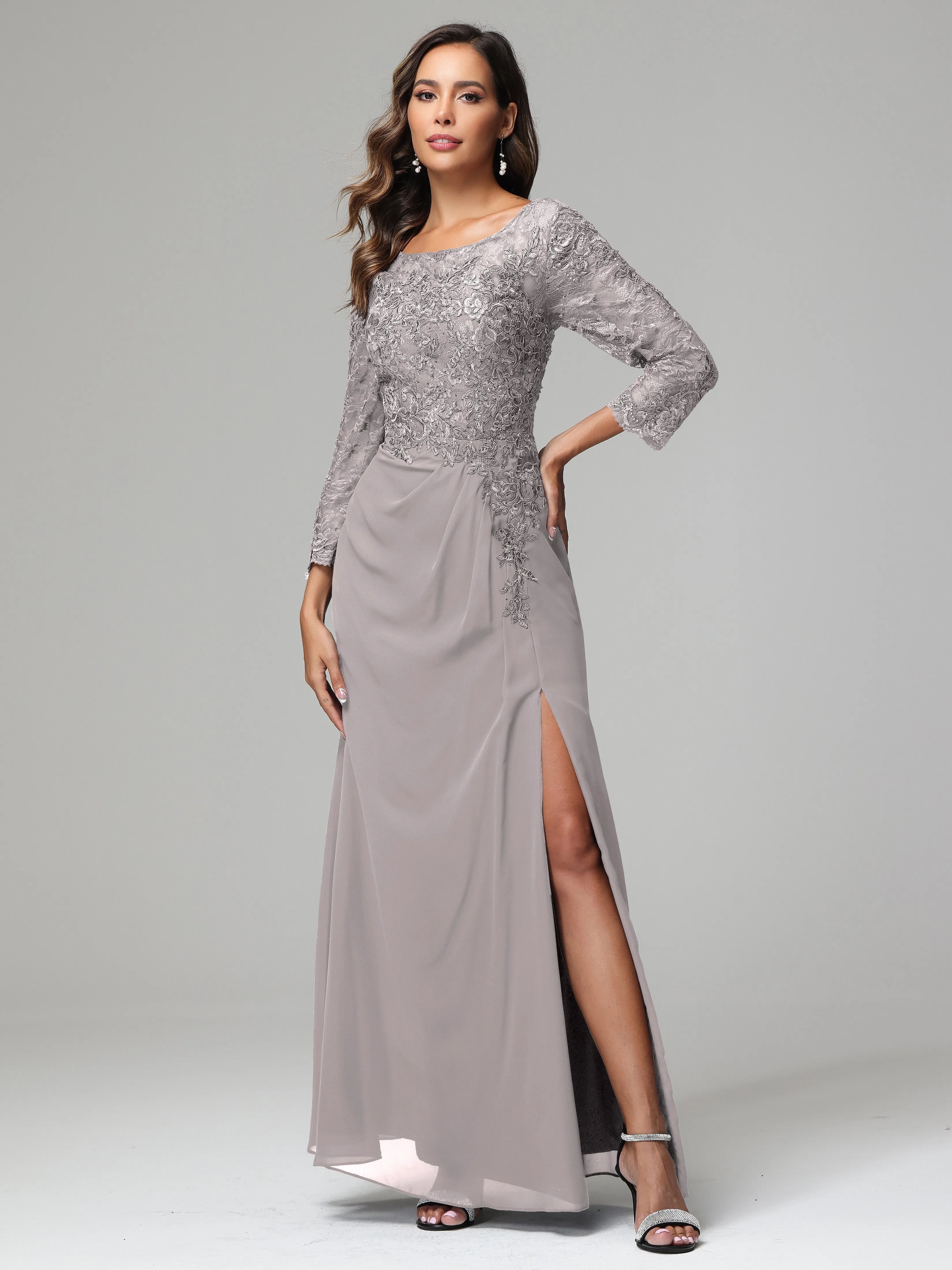 Long Sleeves Floor Length Chiffon Lace Mother Of The Bride Dress