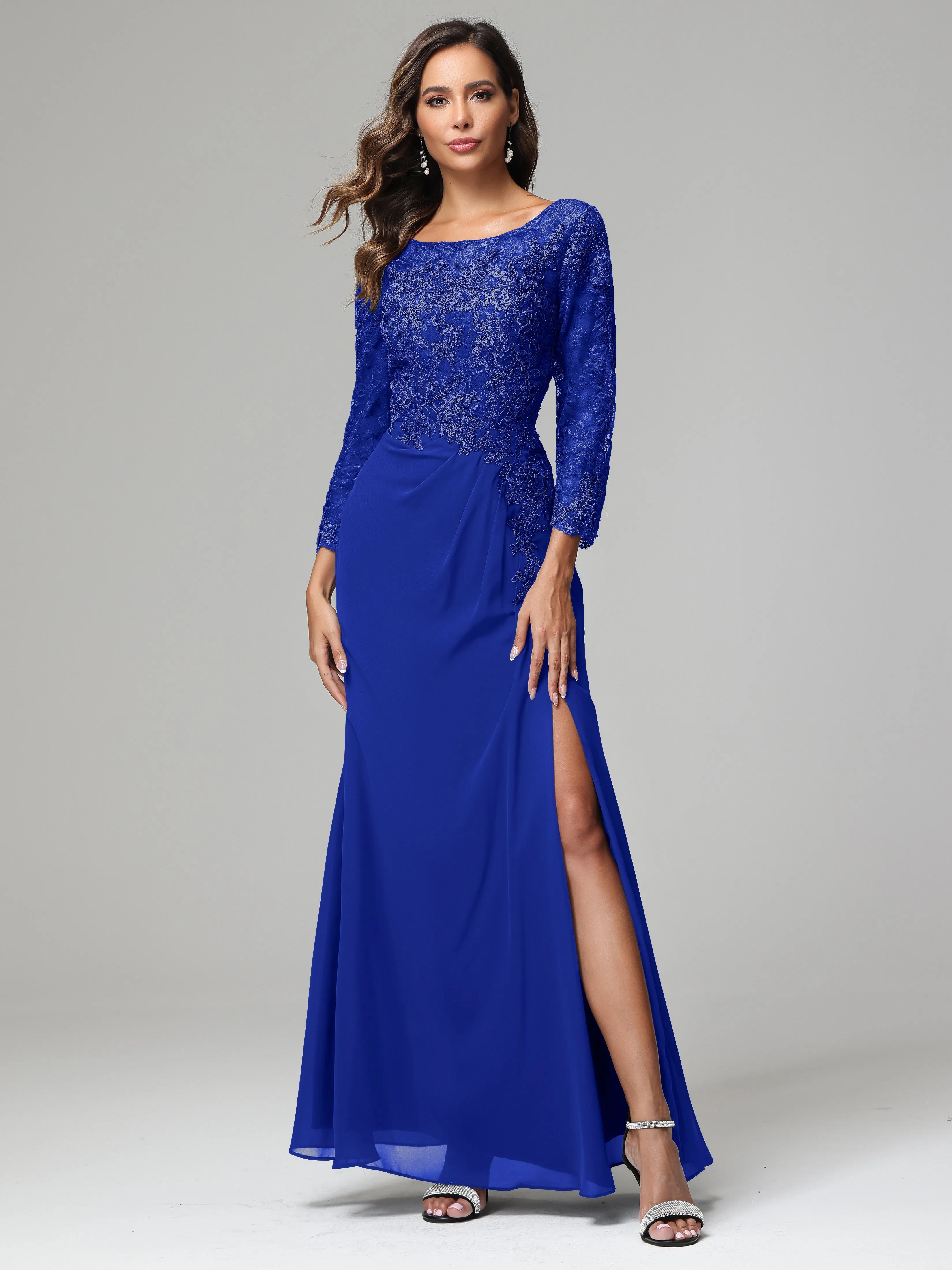 Long Sleeves Floor Length Chiffon Lace Mother Of The Bride Dress