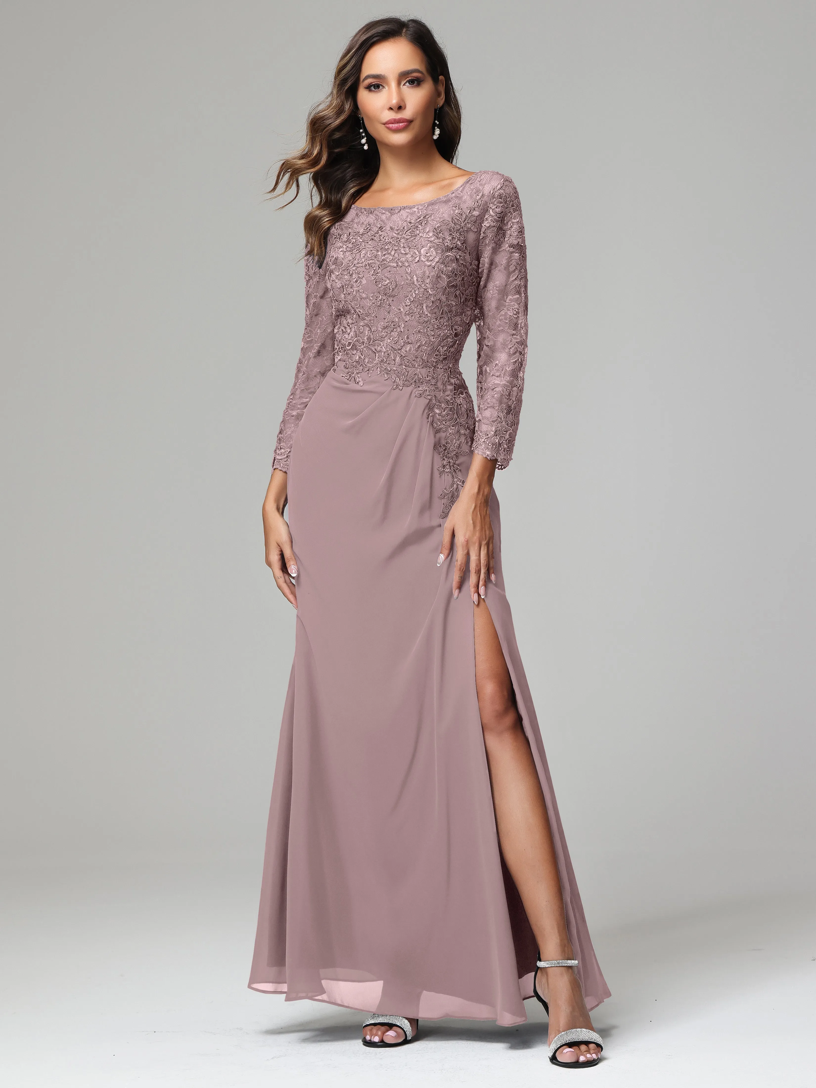 Long Sleeves Floor Length Chiffon Lace Mother Of The Bride Dress