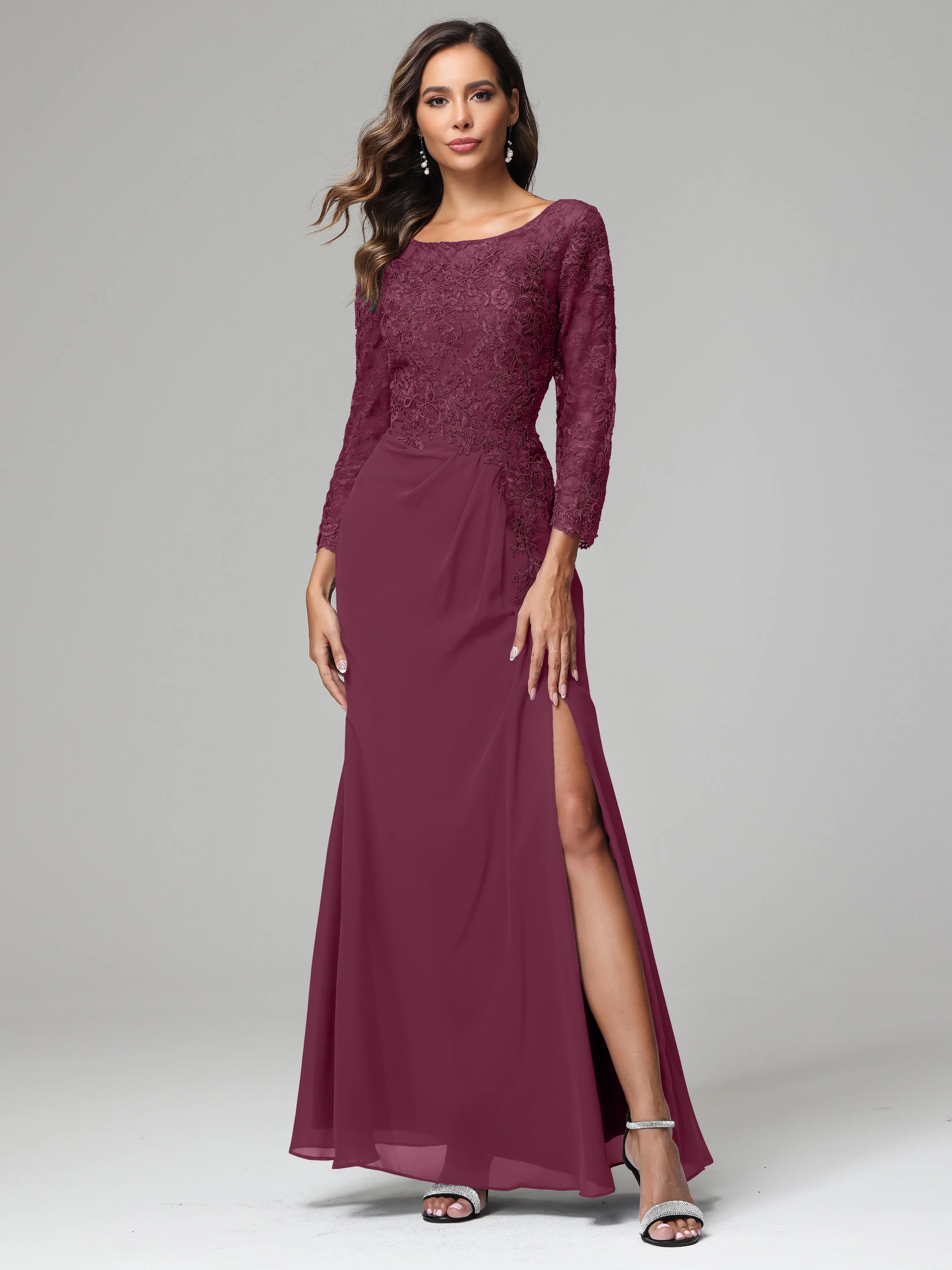 Long Sleeves Floor Length Chiffon Lace Mother Of The Bride Dress