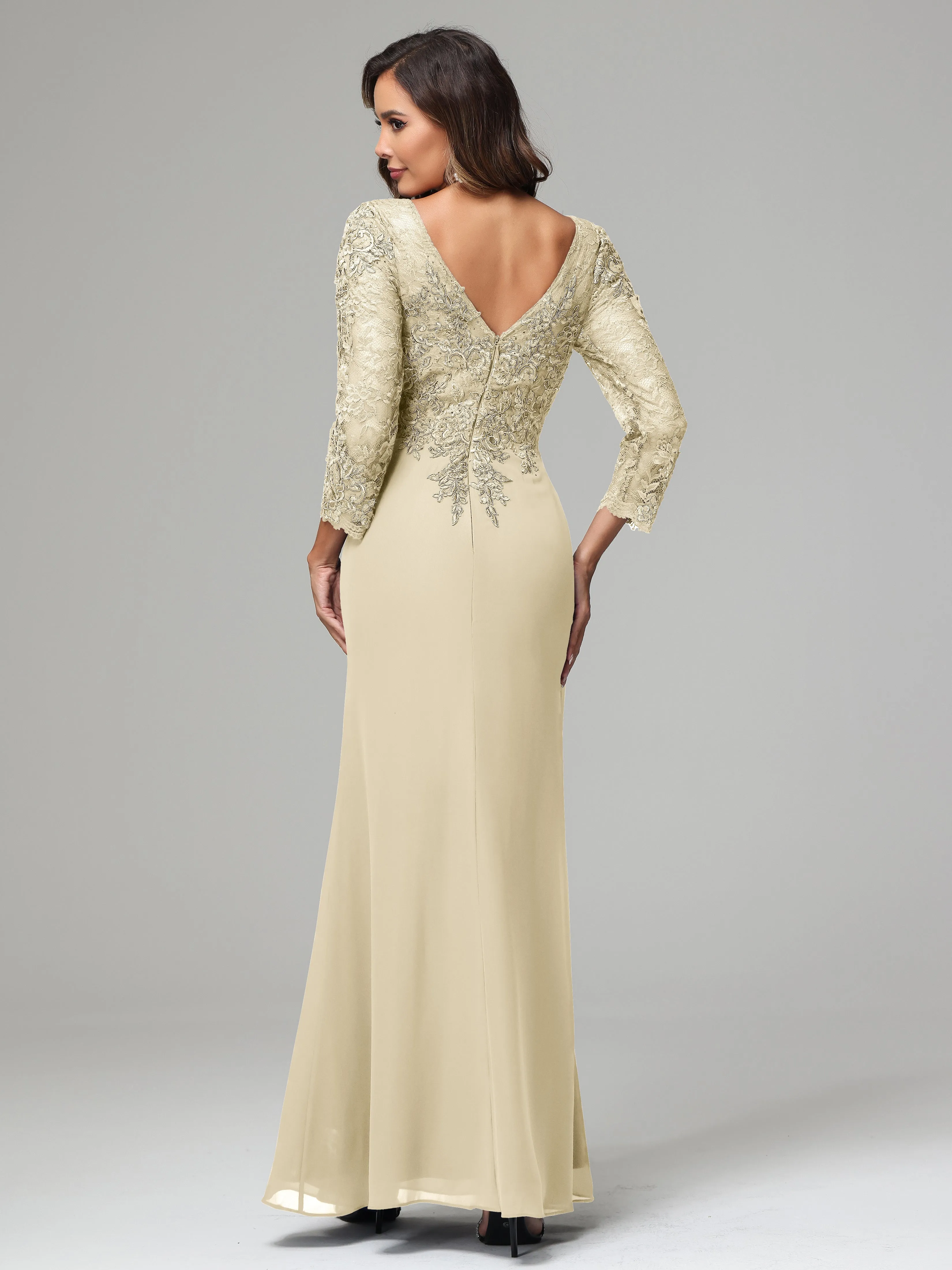 Long Sleeves Floor Length Chiffon Lace Mother Of The Bride Dress