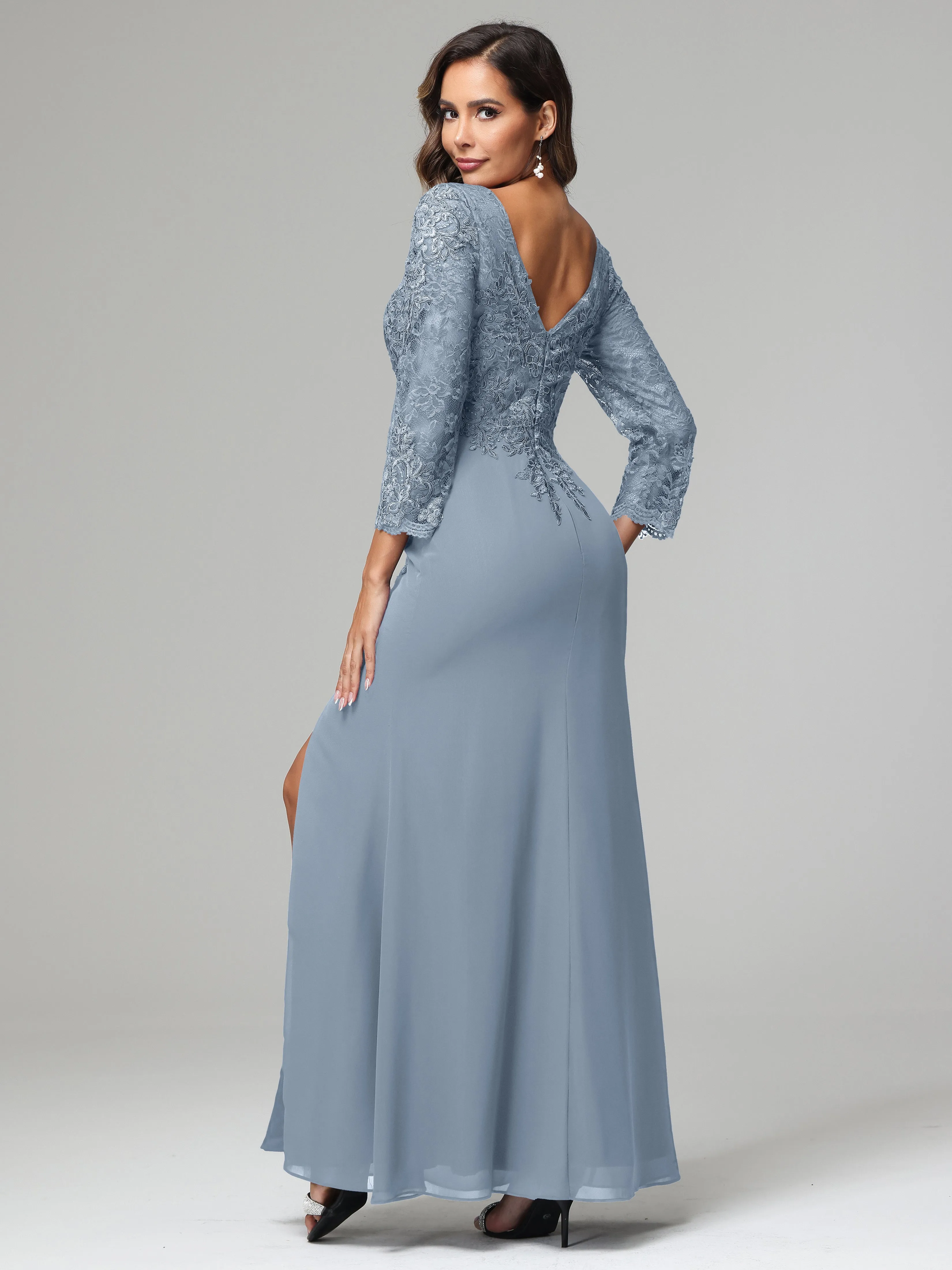 Long Sleeves Floor Length Chiffon Lace Mother Of The Bride Dress