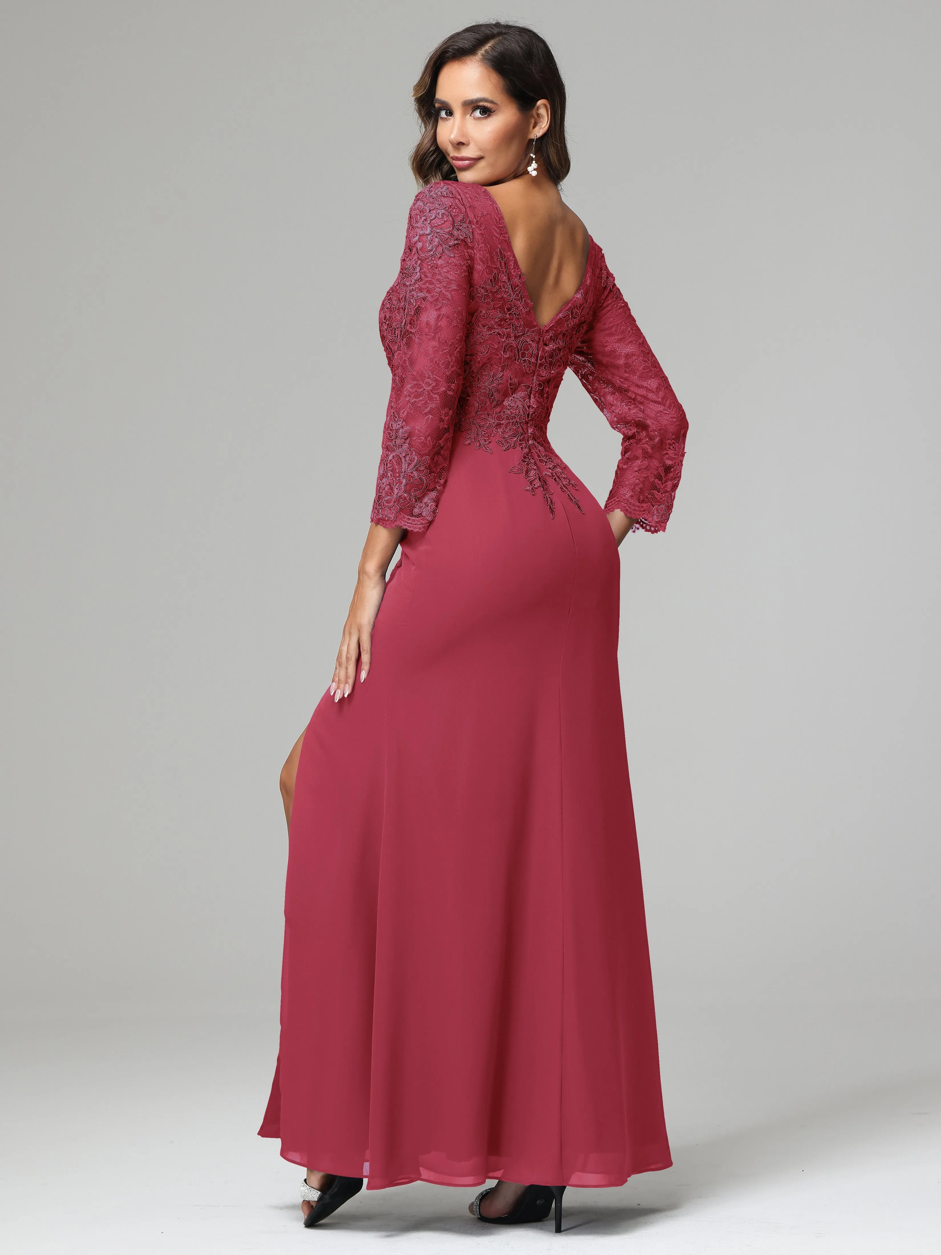 Long Sleeves Floor Length Chiffon Lace Mother Of The Bride Dress