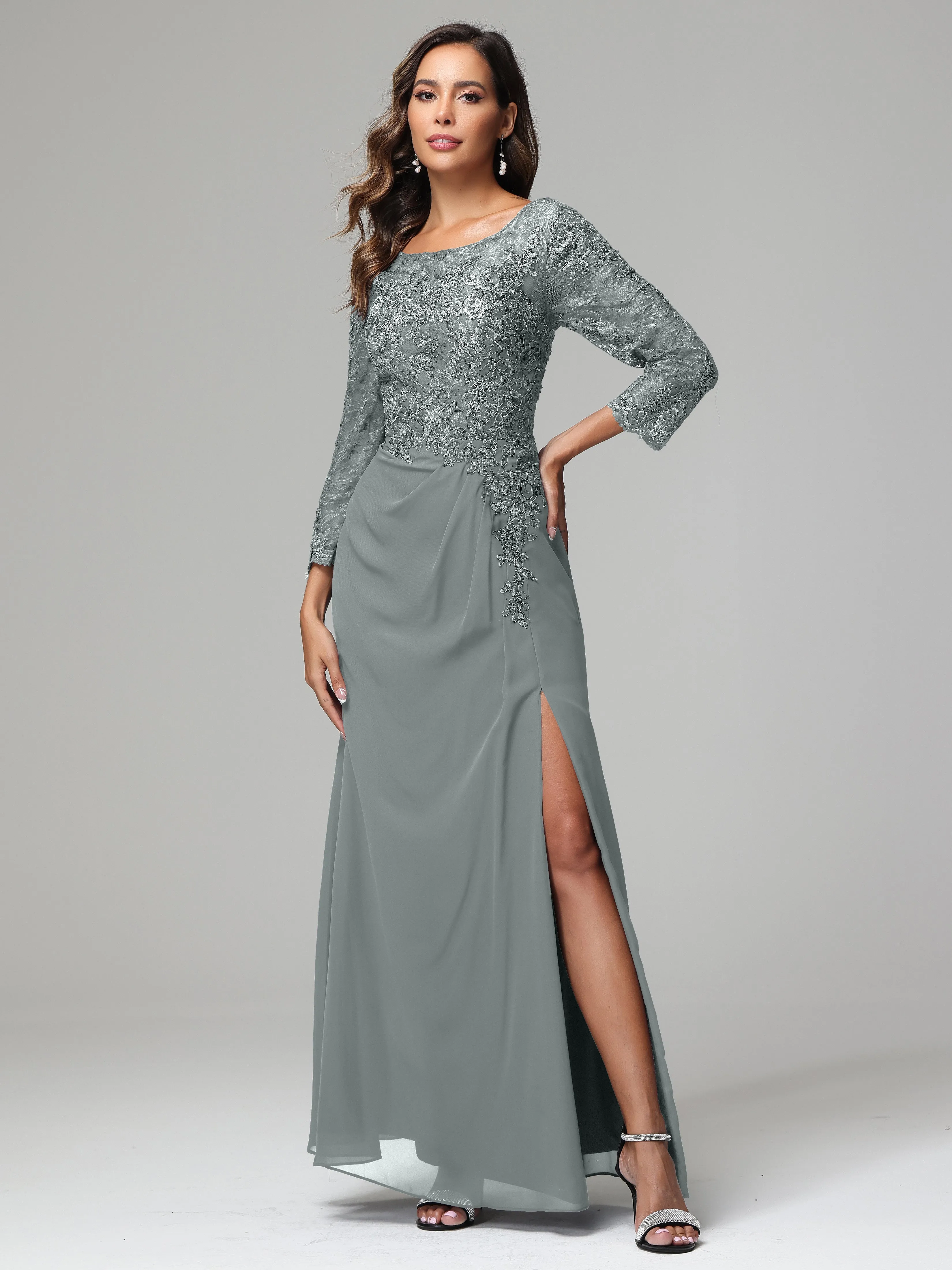 Long Sleeves Floor Length Chiffon Lace Mother Of The Bride Dress
