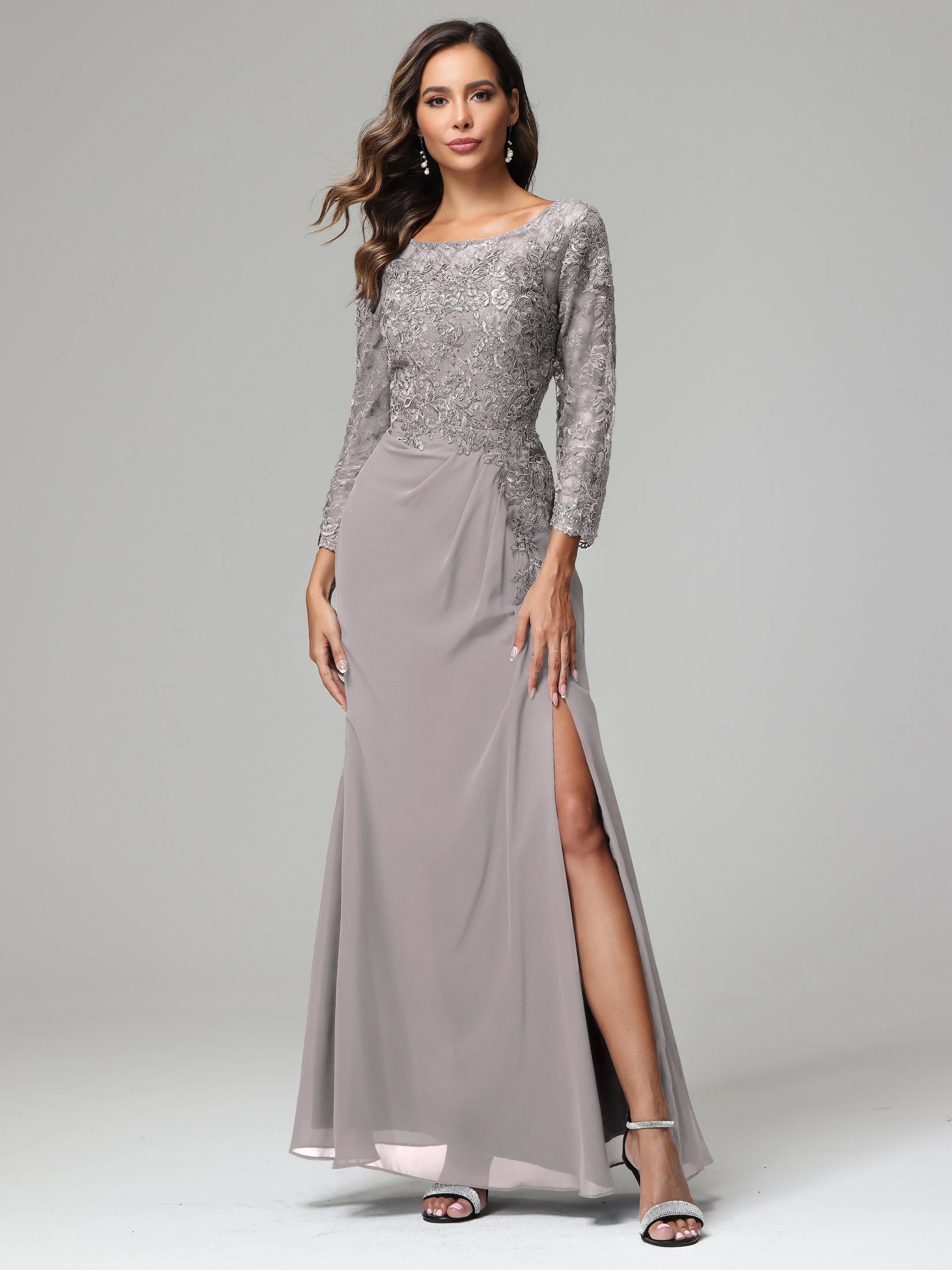 Long Sleeves Floor Length Chiffon Lace Mother Of The Bride Dress
