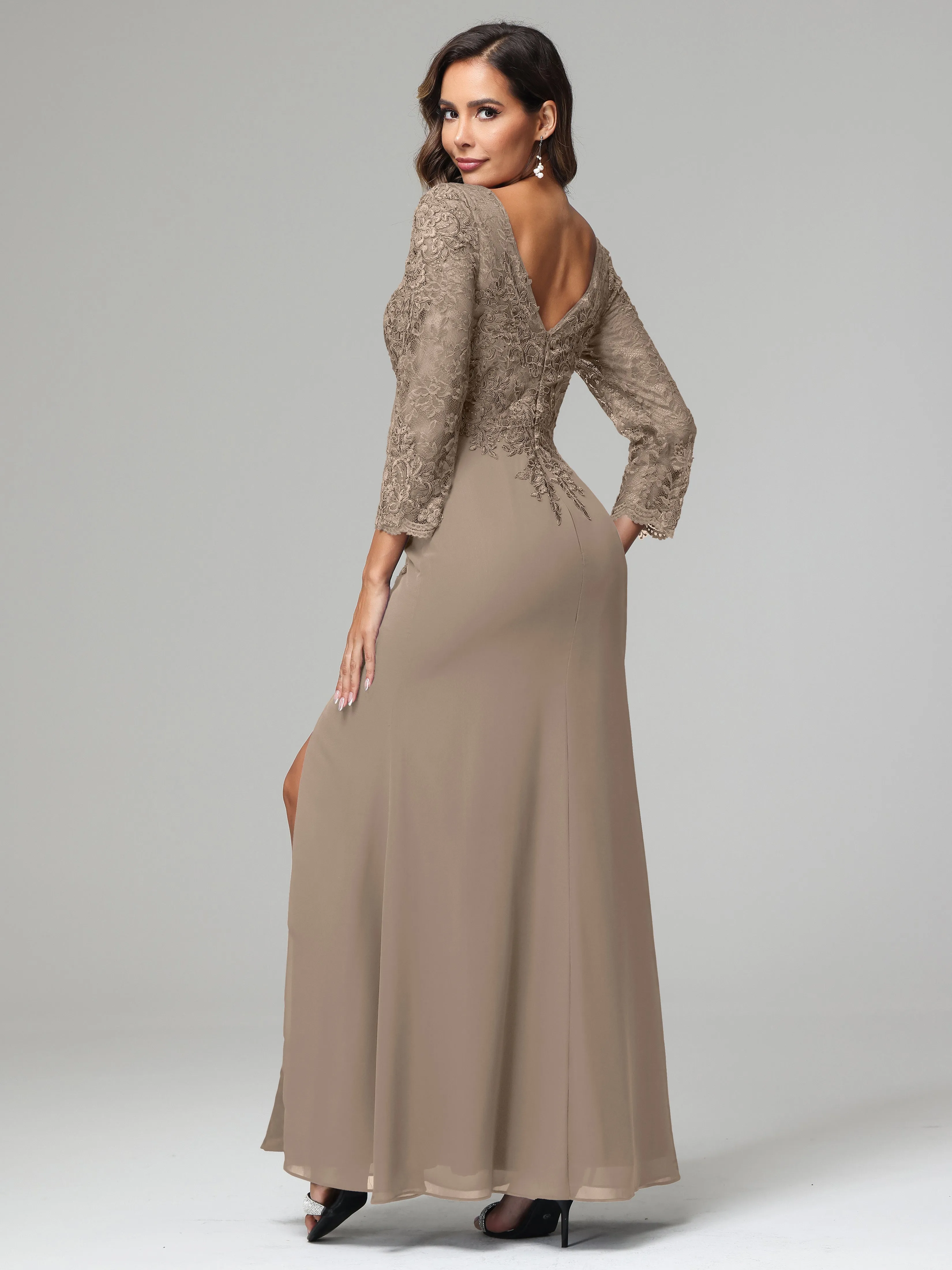 Long Sleeves Floor Length Chiffon Lace Mother Of The Bride Dress