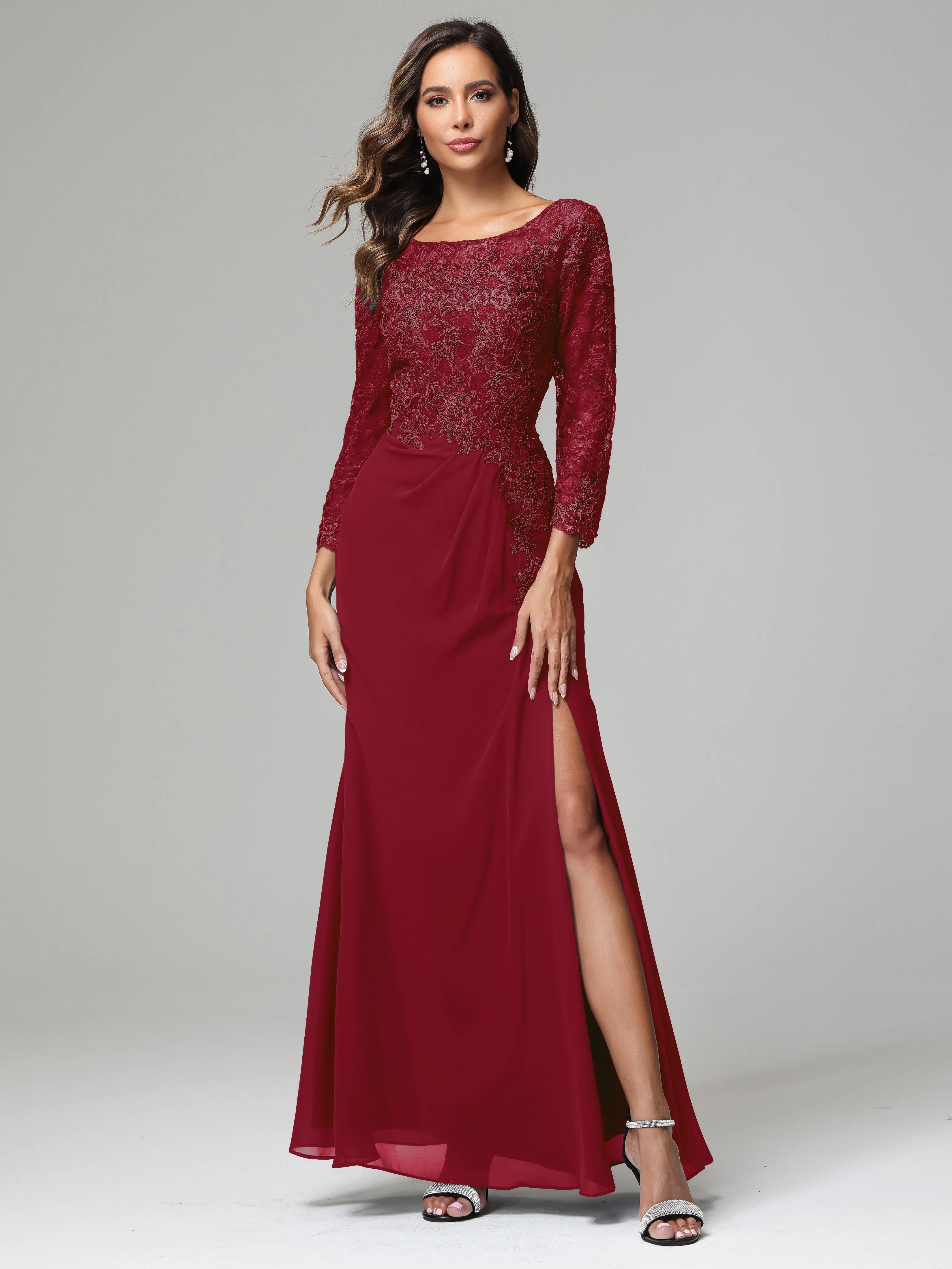 Long Sleeves Floor Length Chiffon Lace Mother Of The Bride Dress