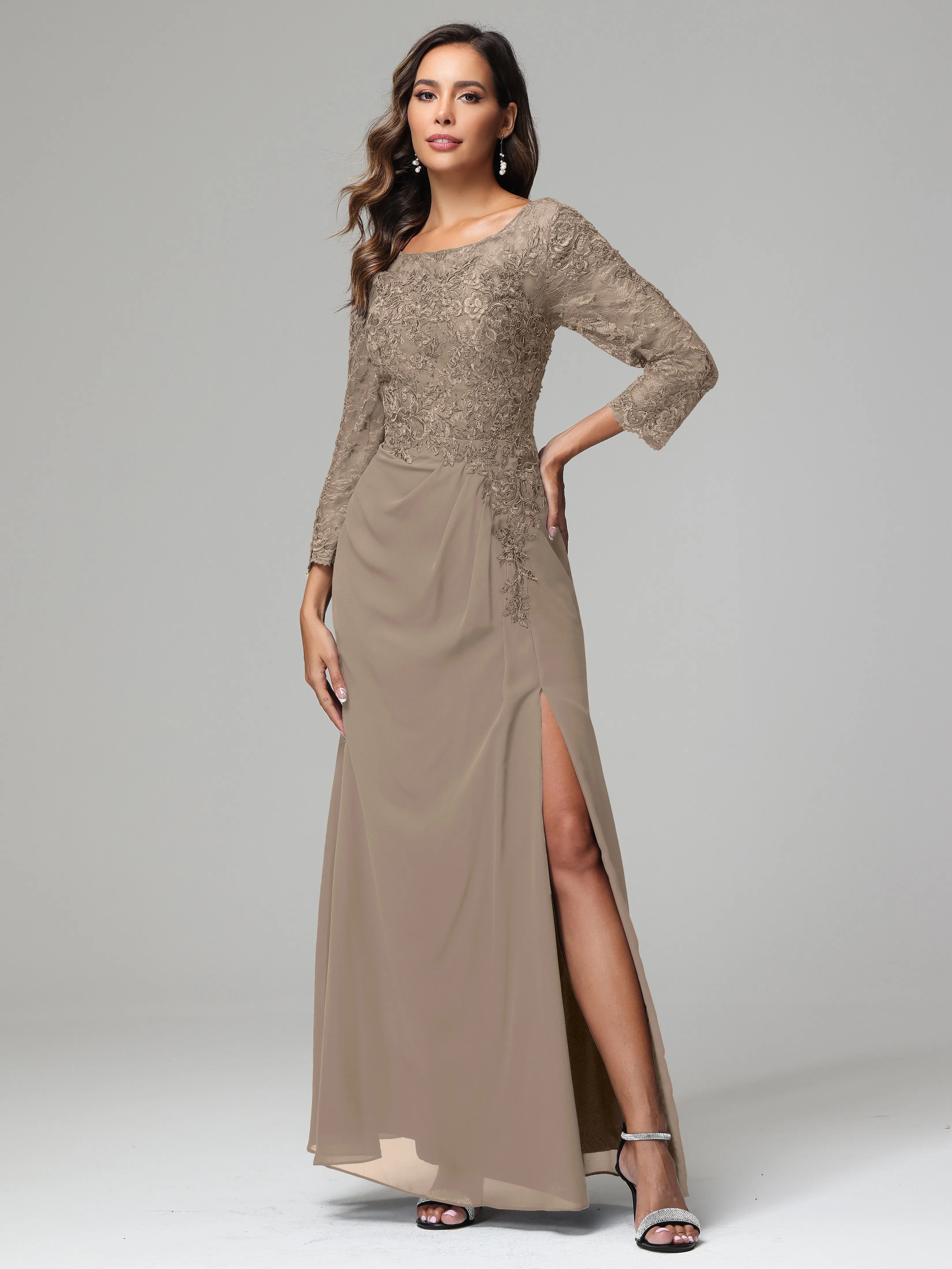Long Sleeves Floor Length Chiffon Lace Mother Of The Bride Dress