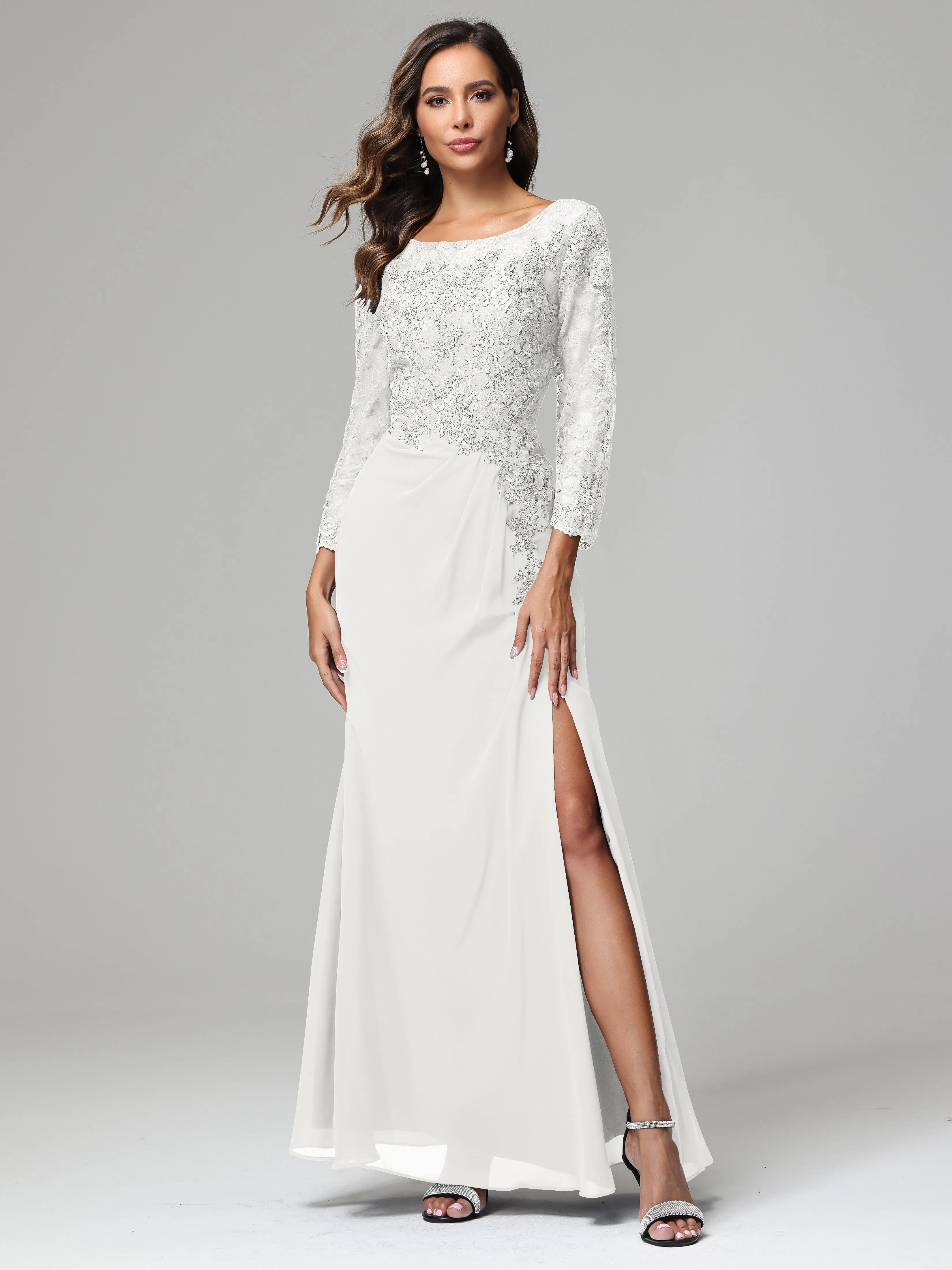 Long Sleeves Floor Length Chiffon Lace Mother Of The Bride Dress