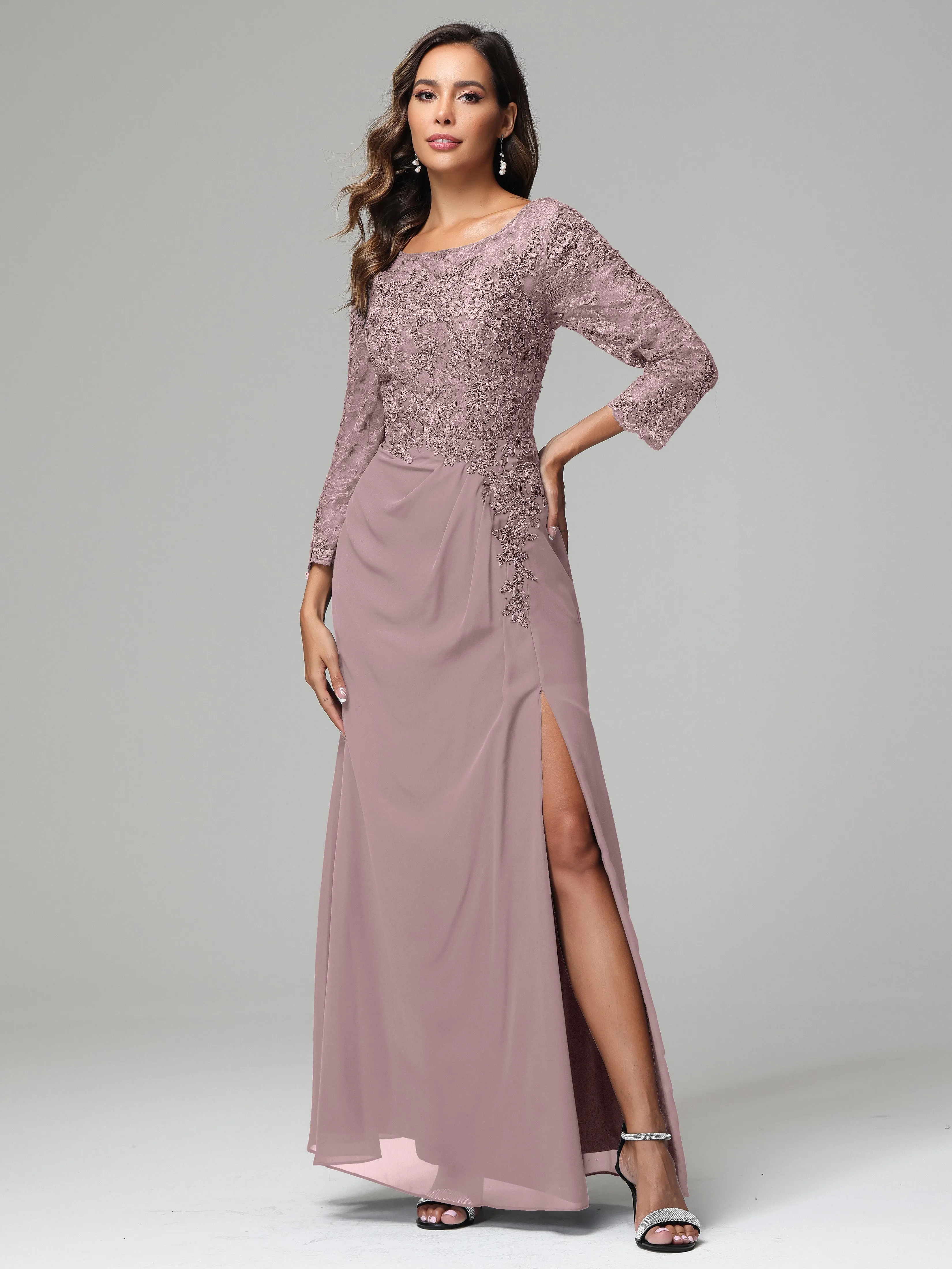 Long Sleeves Floor Length Chiffon Lace Mother Of The Bride Dress