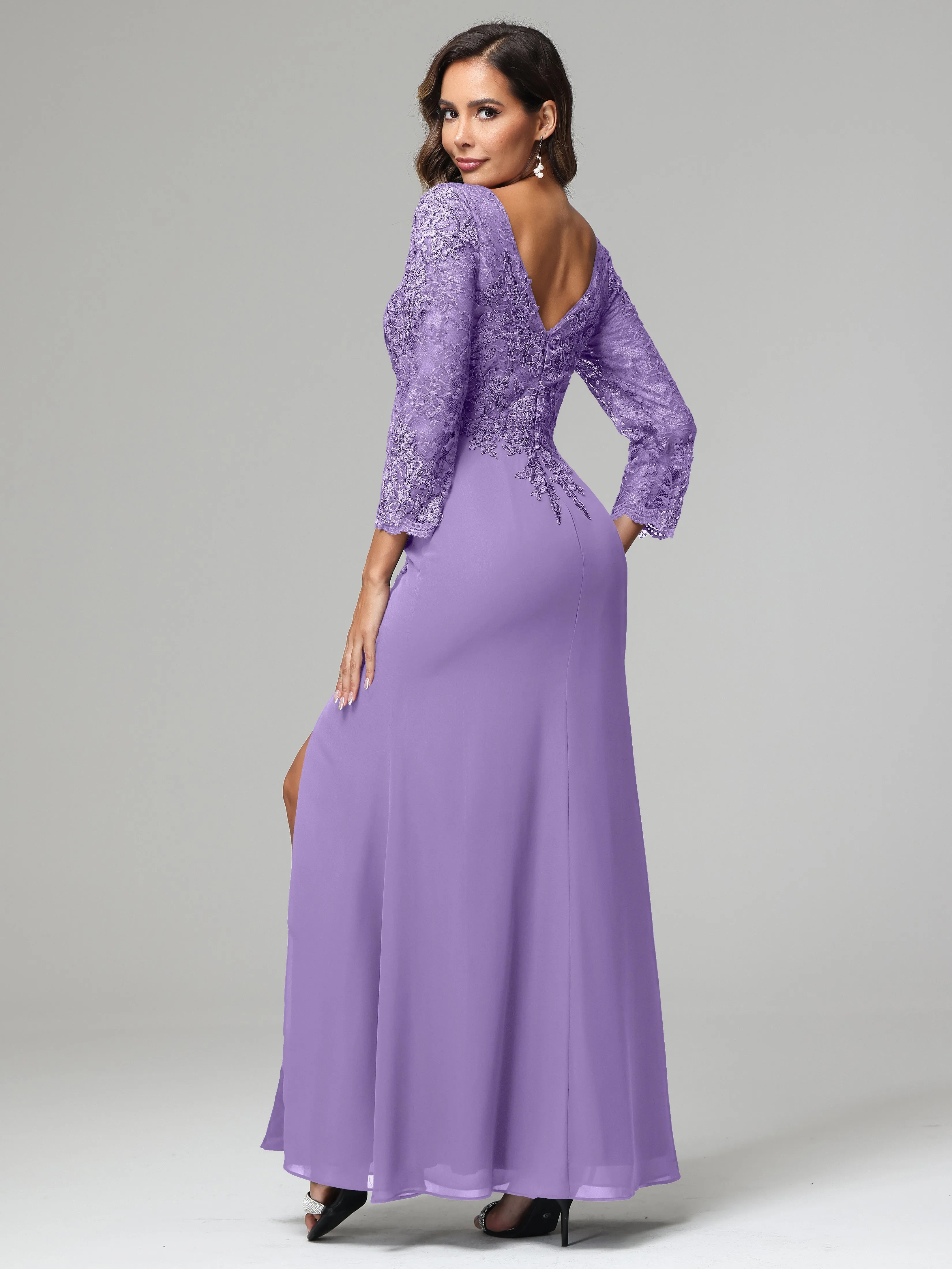 Long Sleeves Floor Length Chiffon Lace Mother Of The Bride Dress
