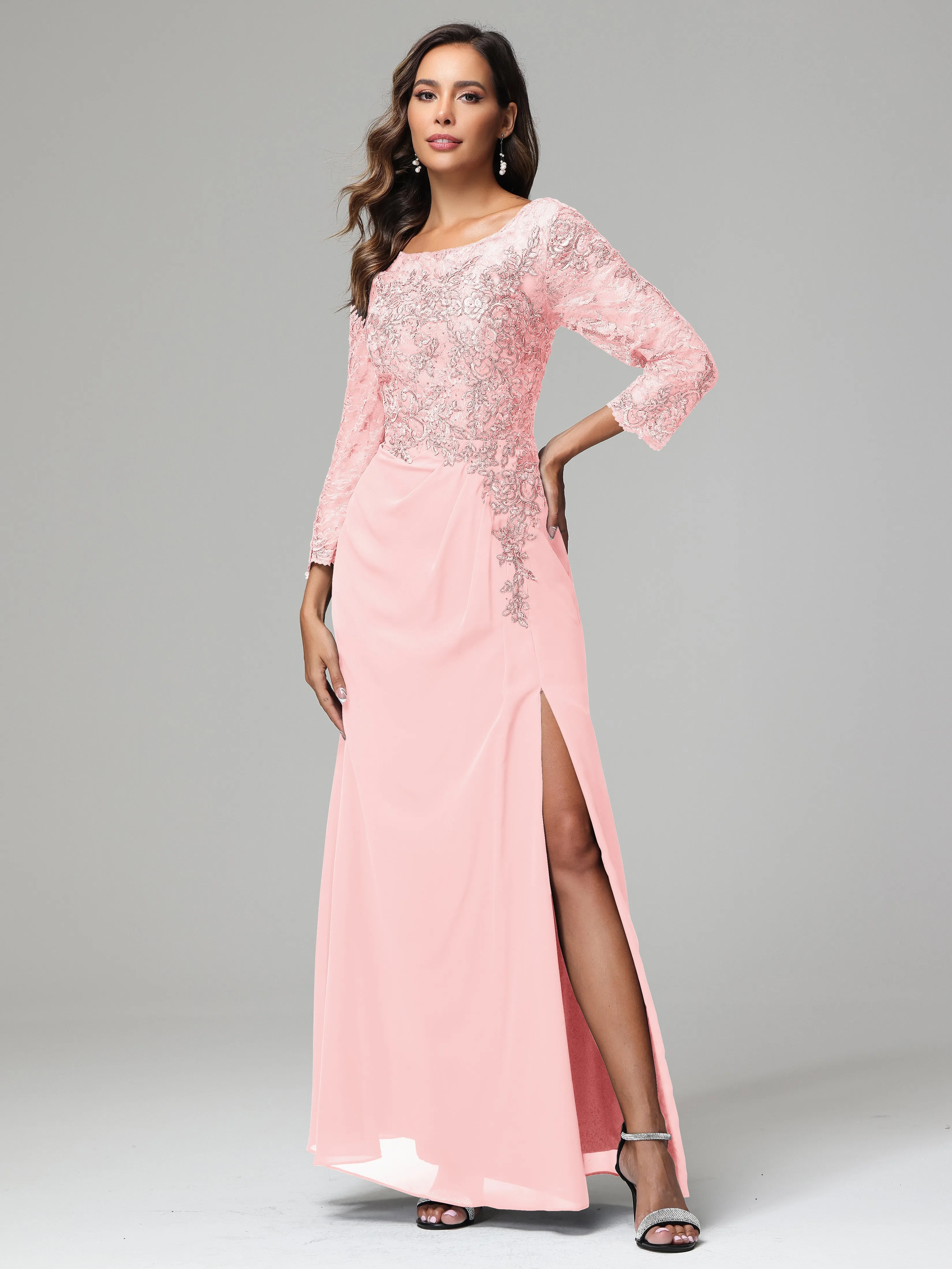 Long Sleeves Floor Length Chiffon Lace Mother Of The Bride Dress