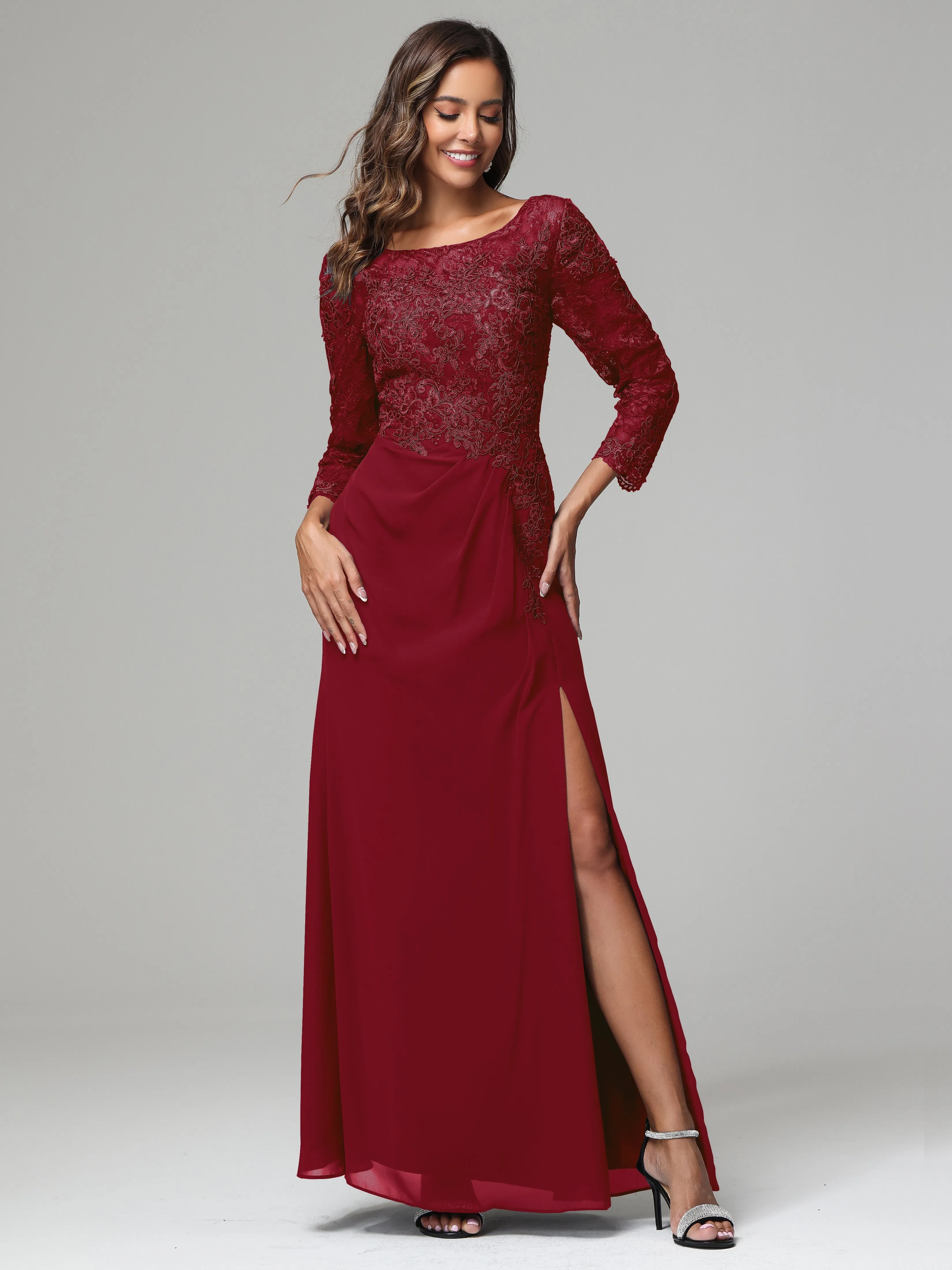 Long Sleeves Floor Length Chiffon Lace Mother Of The Bride Dress