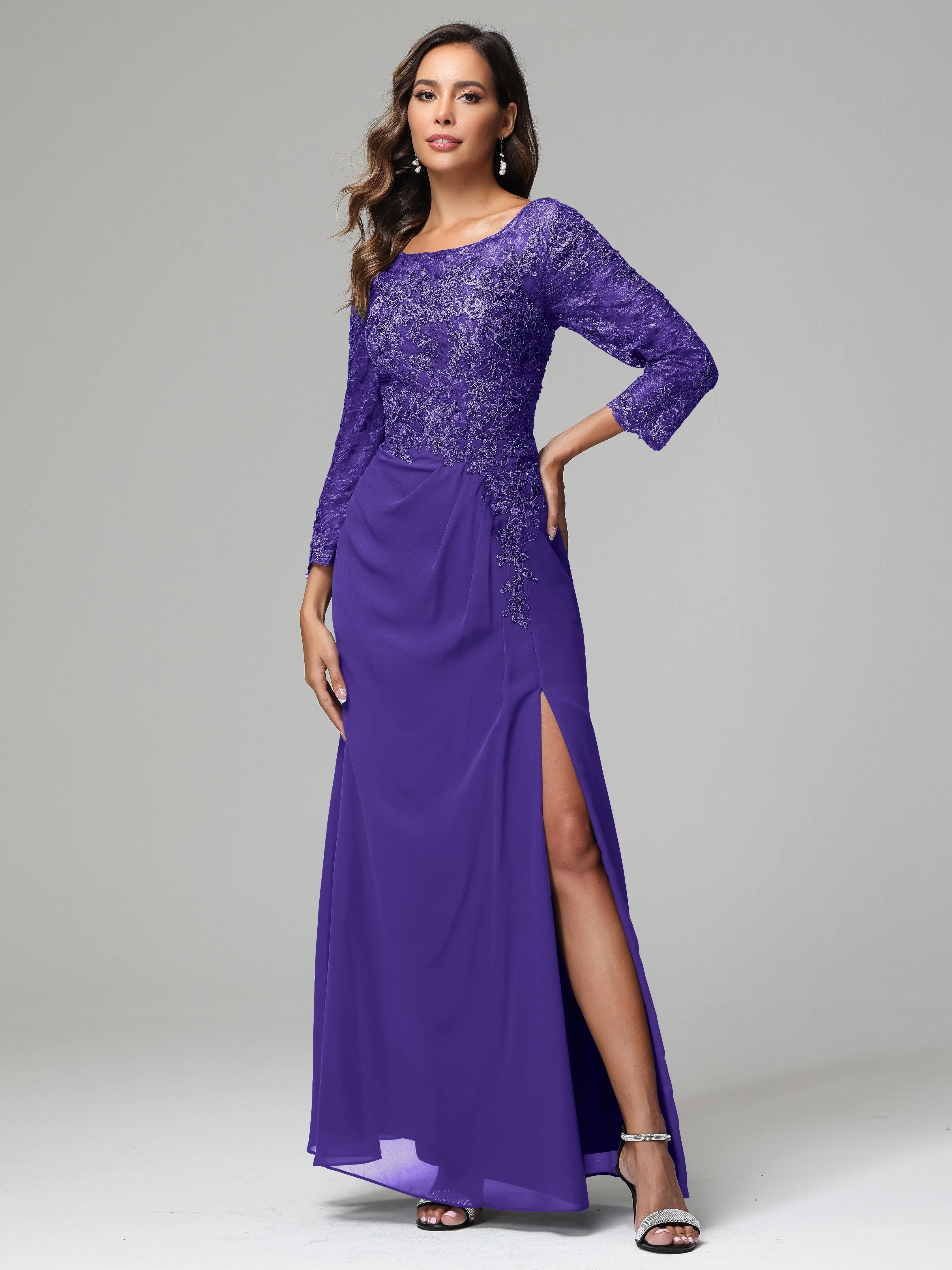 Long Sleeves Floor Length Chiffon Lace Mother Of The Bride Dress
