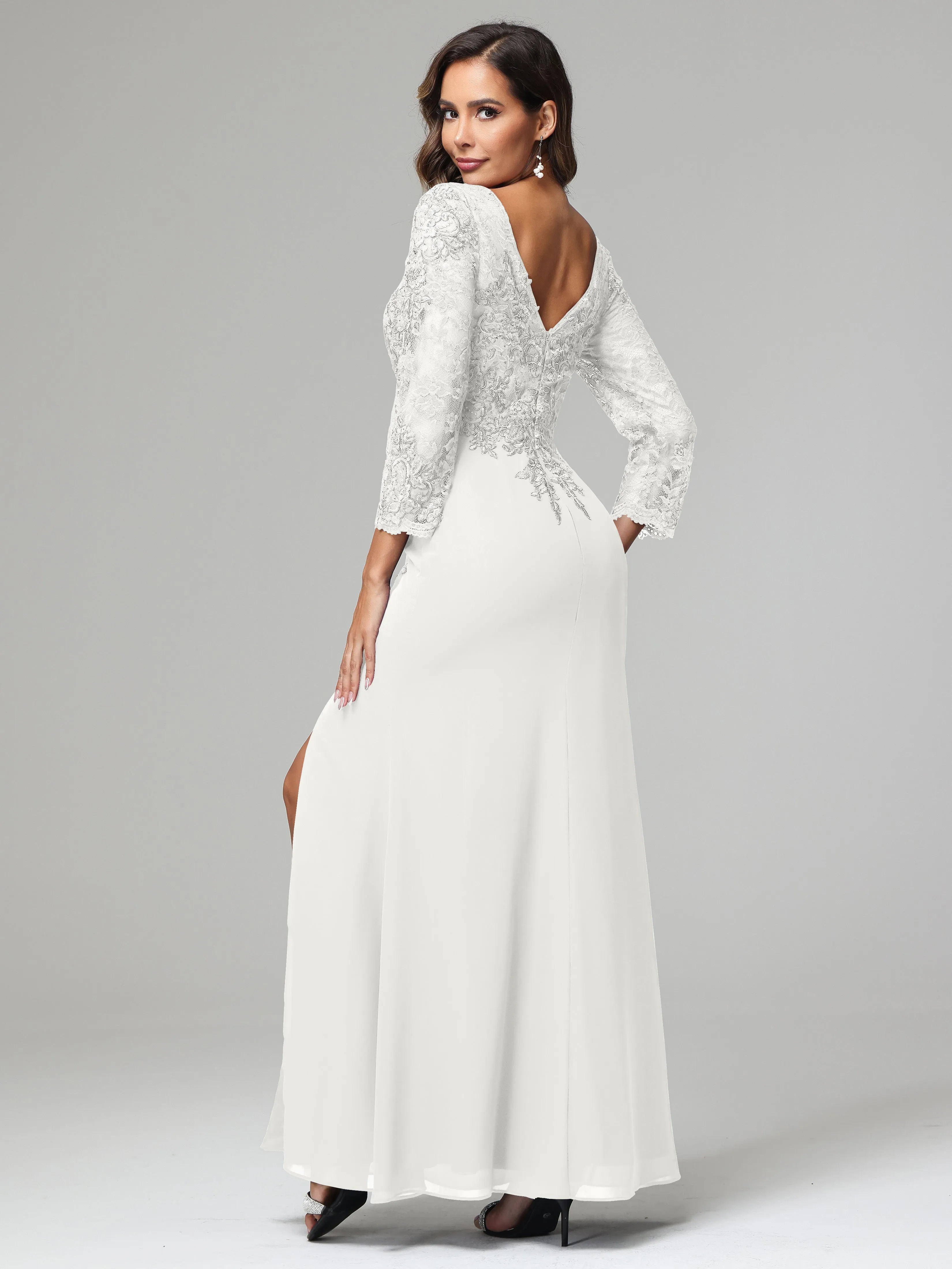 Long Sleeves Floor Length Chiffon Lace Mother Of The Bride Dress