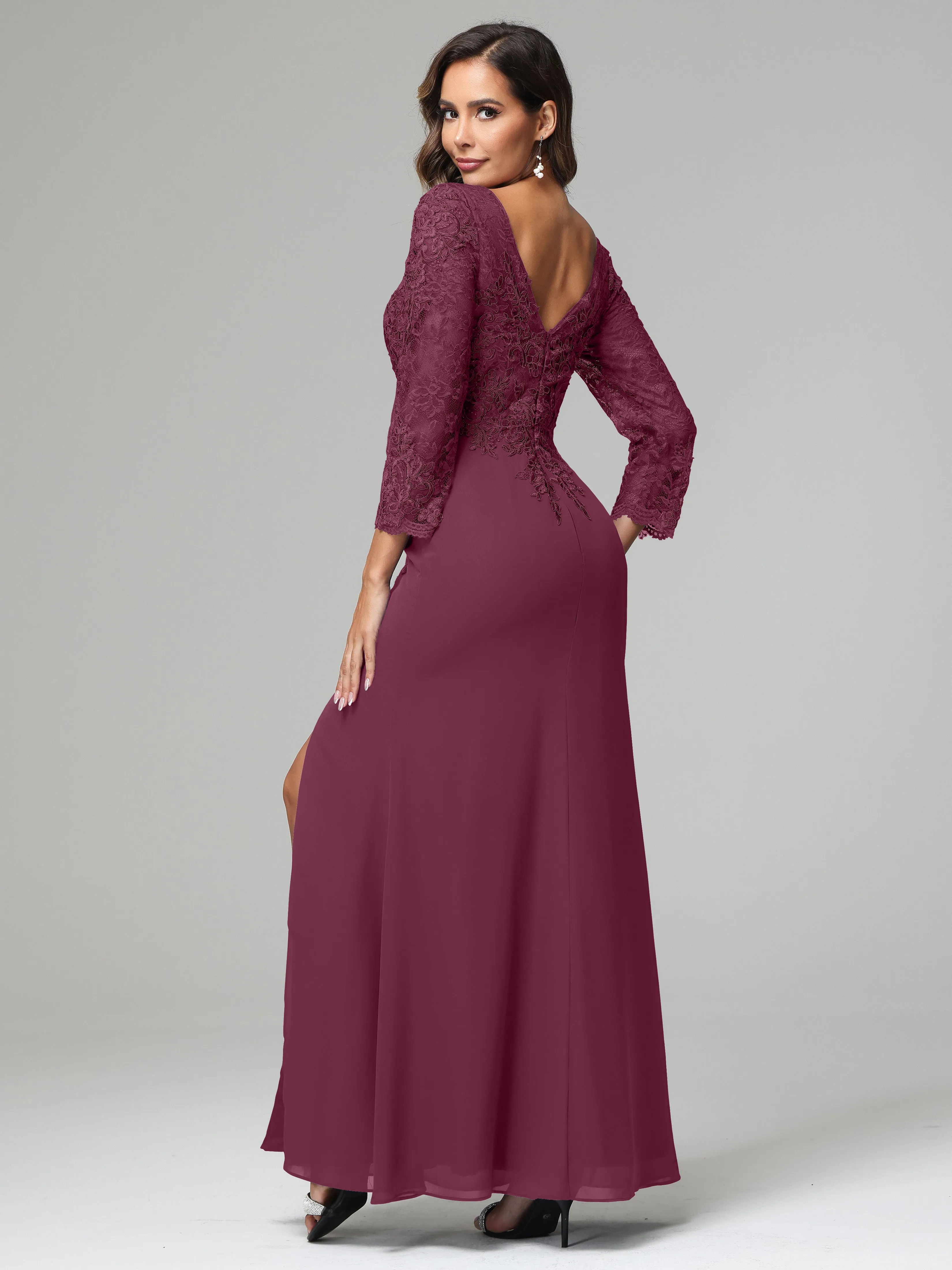 Long Sleeves Floor Length Chiffon Lace Mother Of The Bride Dress