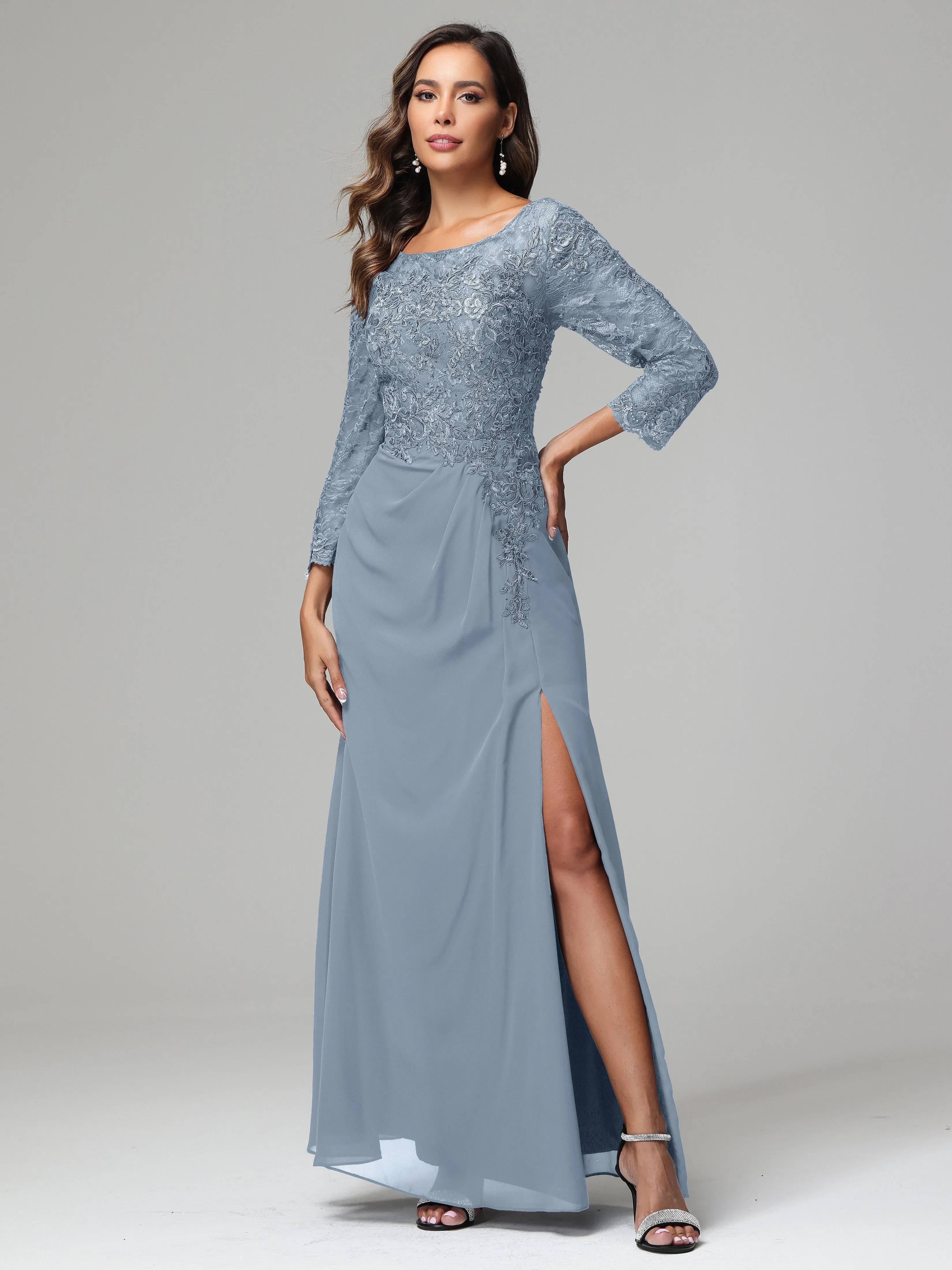 Long Sleeves Floor Length Chiffon Lace Mother Of The Bride Dress