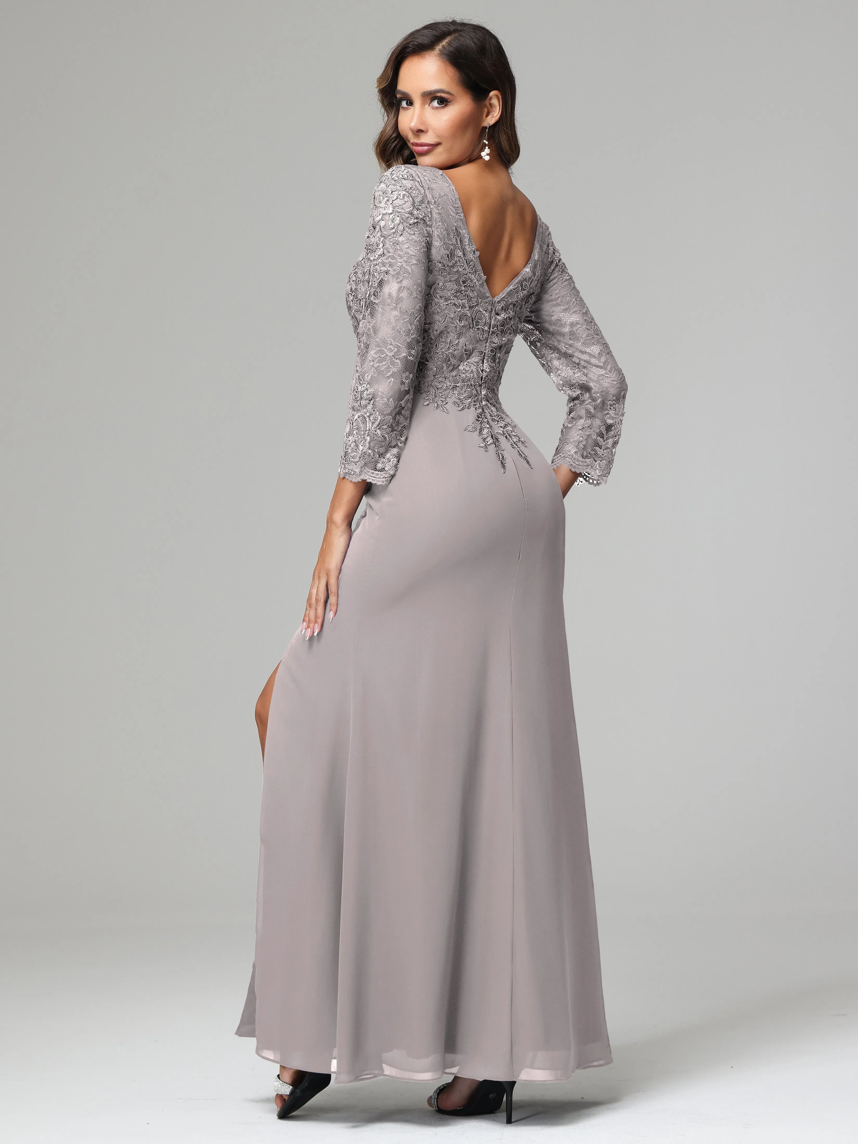 Long Sleeves Floor Length Chiffon Lace Mother Of The Bride Dress