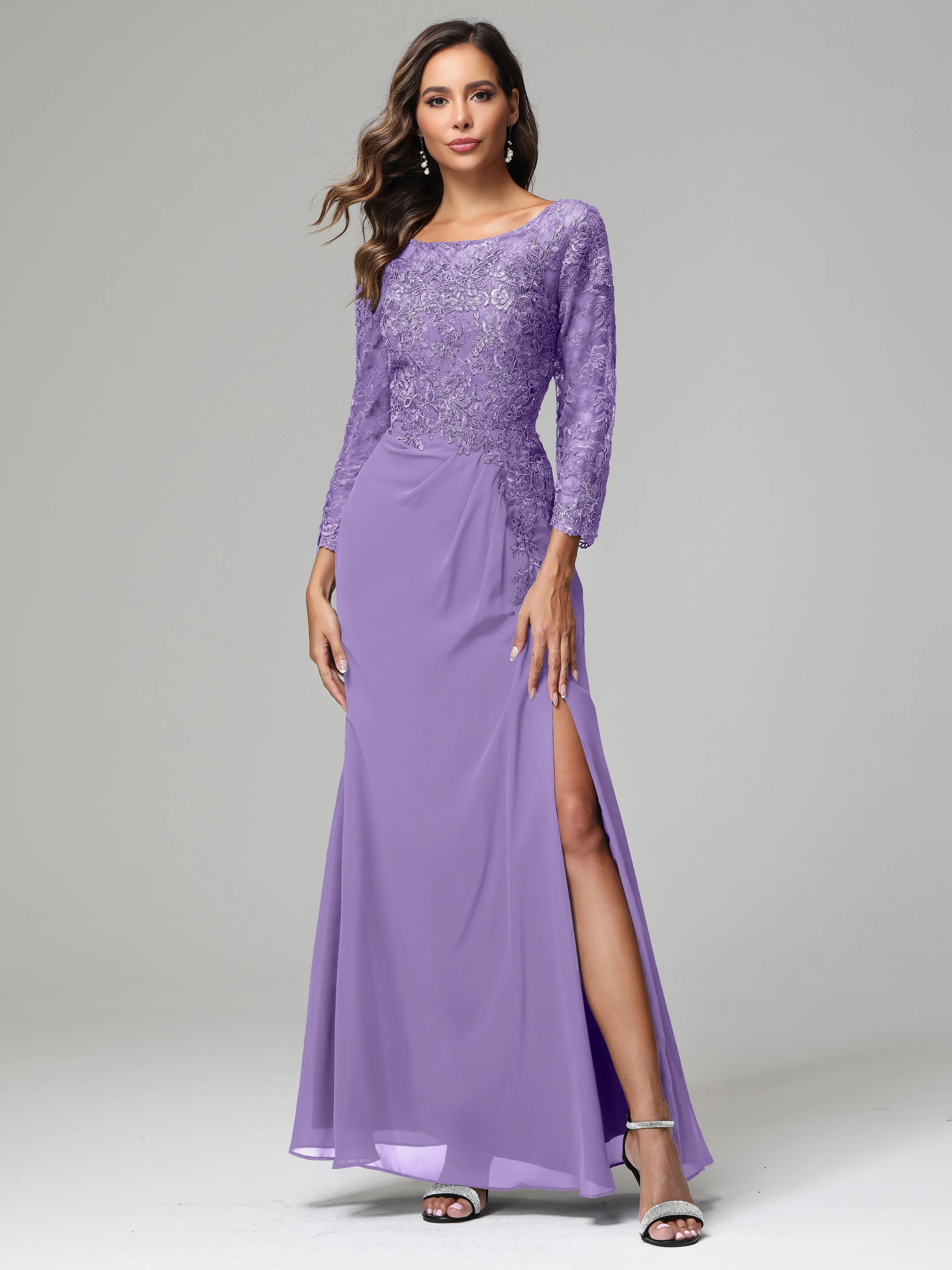 Long Sleeves Floor Length Chiffon Lace Mother Of The Bride Dress